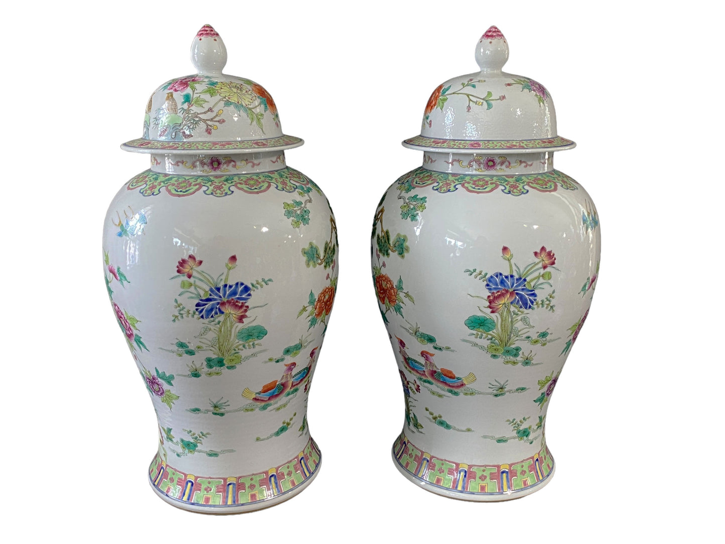 #3201 LG Chinoiserie Famille Rose Porcelain Ginger Jars Pair 24" H