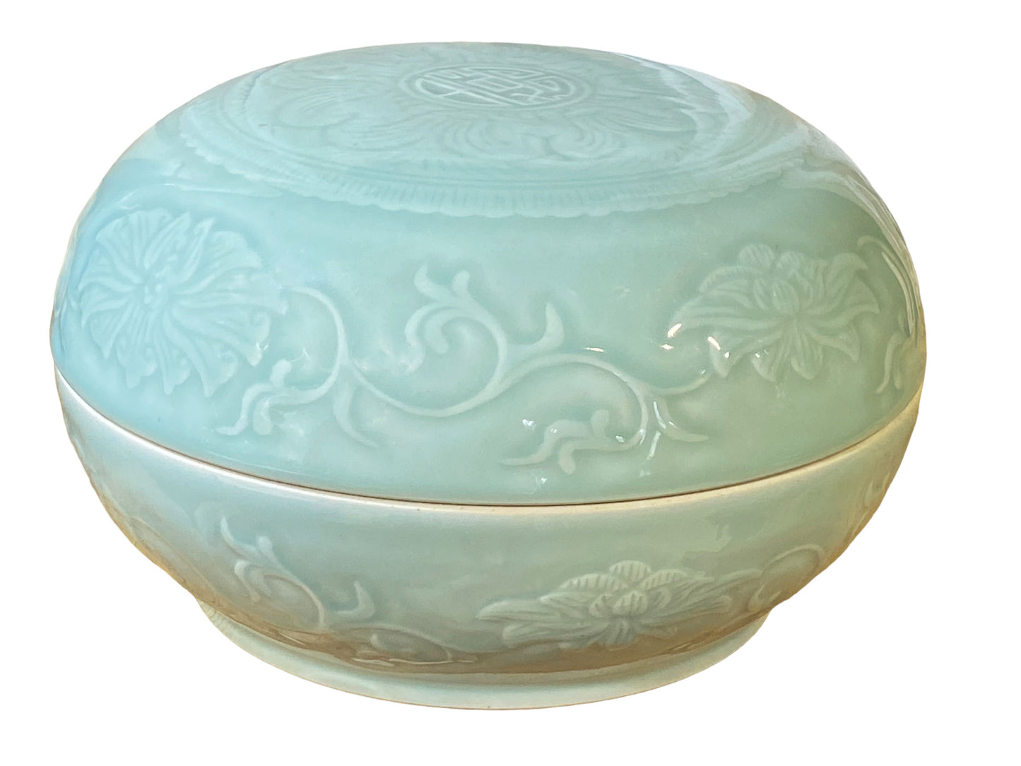 #7074 Chinese Hand Carved Celadon Box 9.5" Diameter