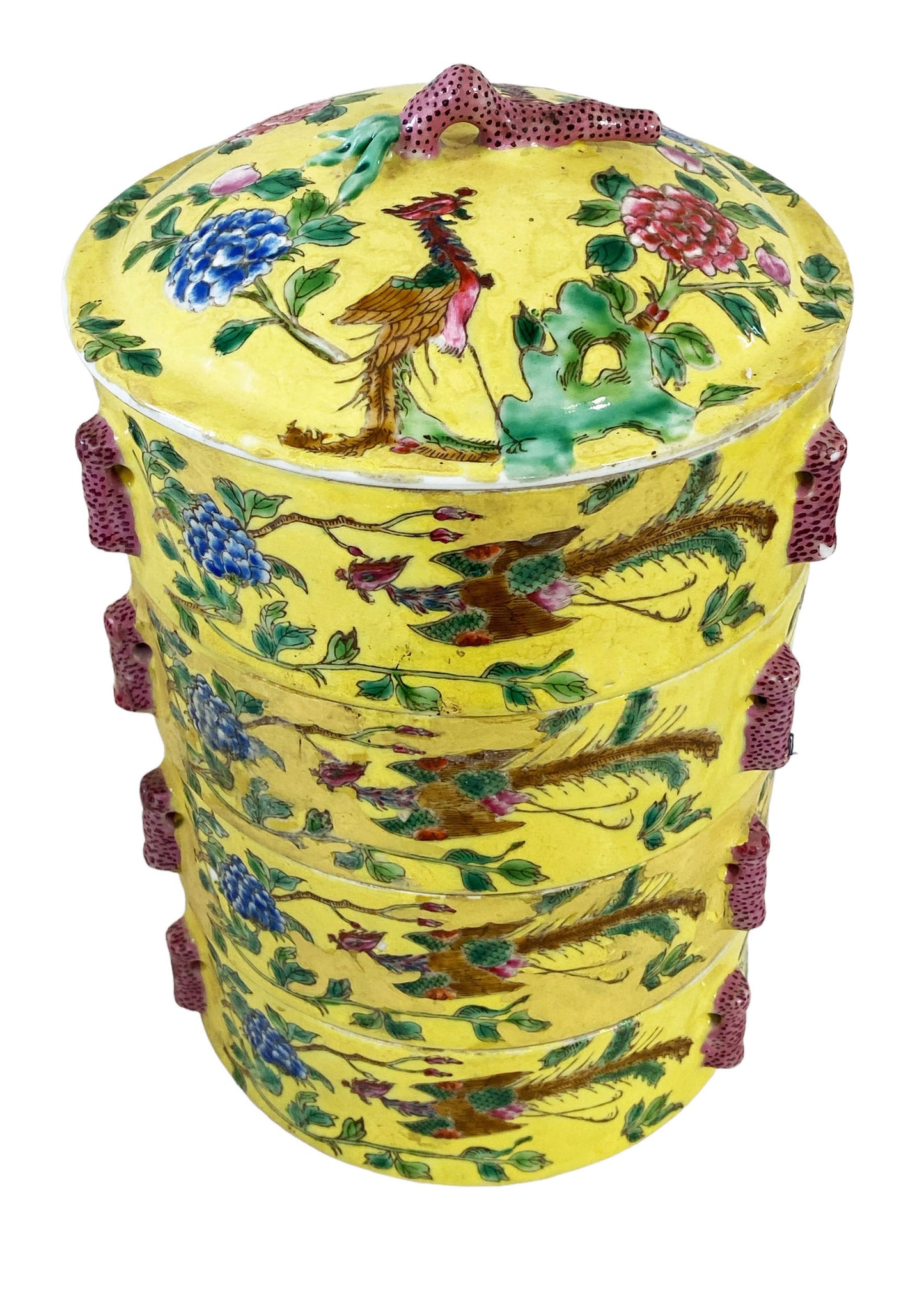 #7113 Old Chinoiserie Famille Jaune Porcelain Food Carrier Box , 5 Pieces 11" H