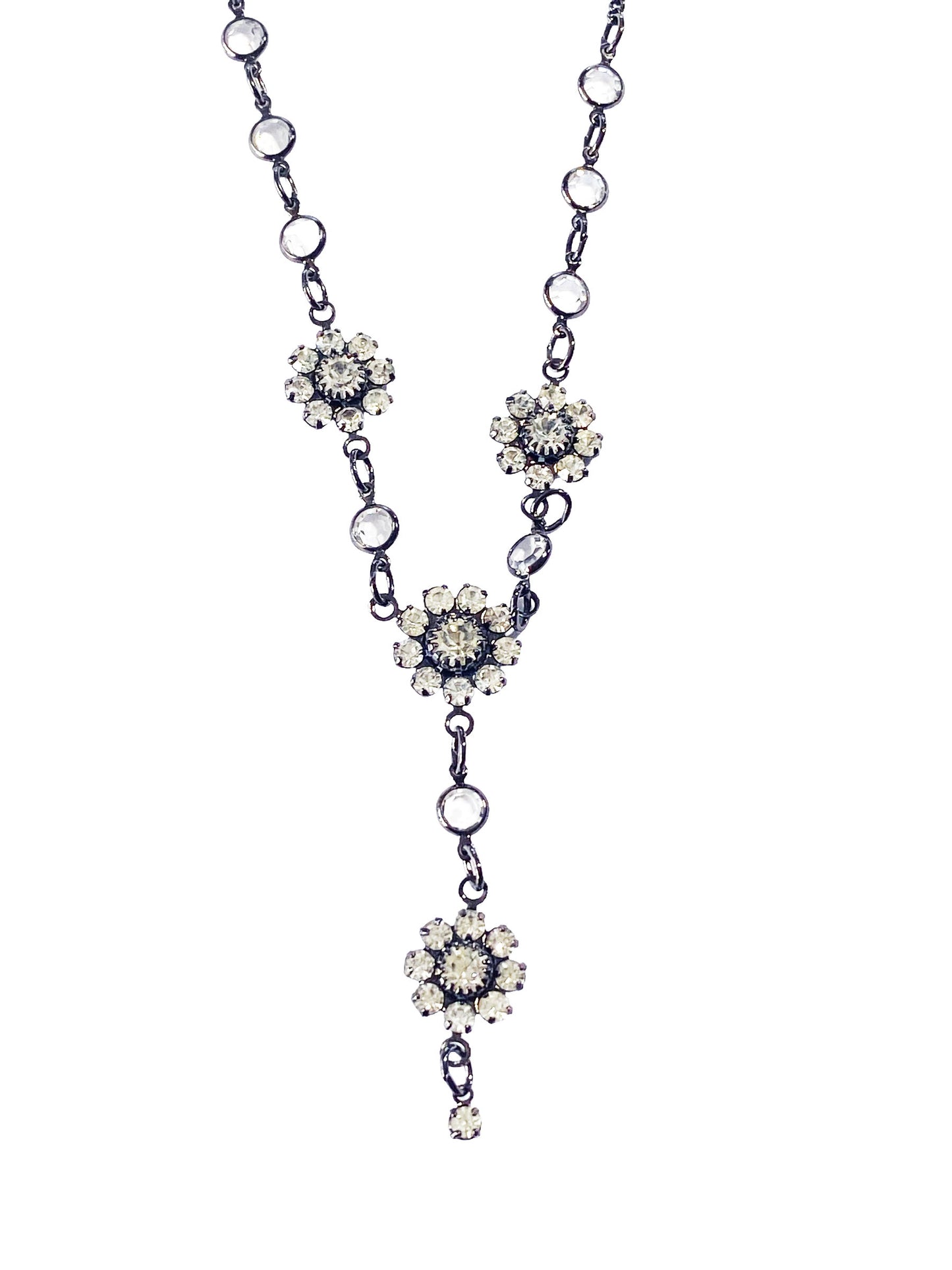 #5889 Vintage Austrian Crystal Choker Necklace USA Gun Metal Floral Dainty Bling