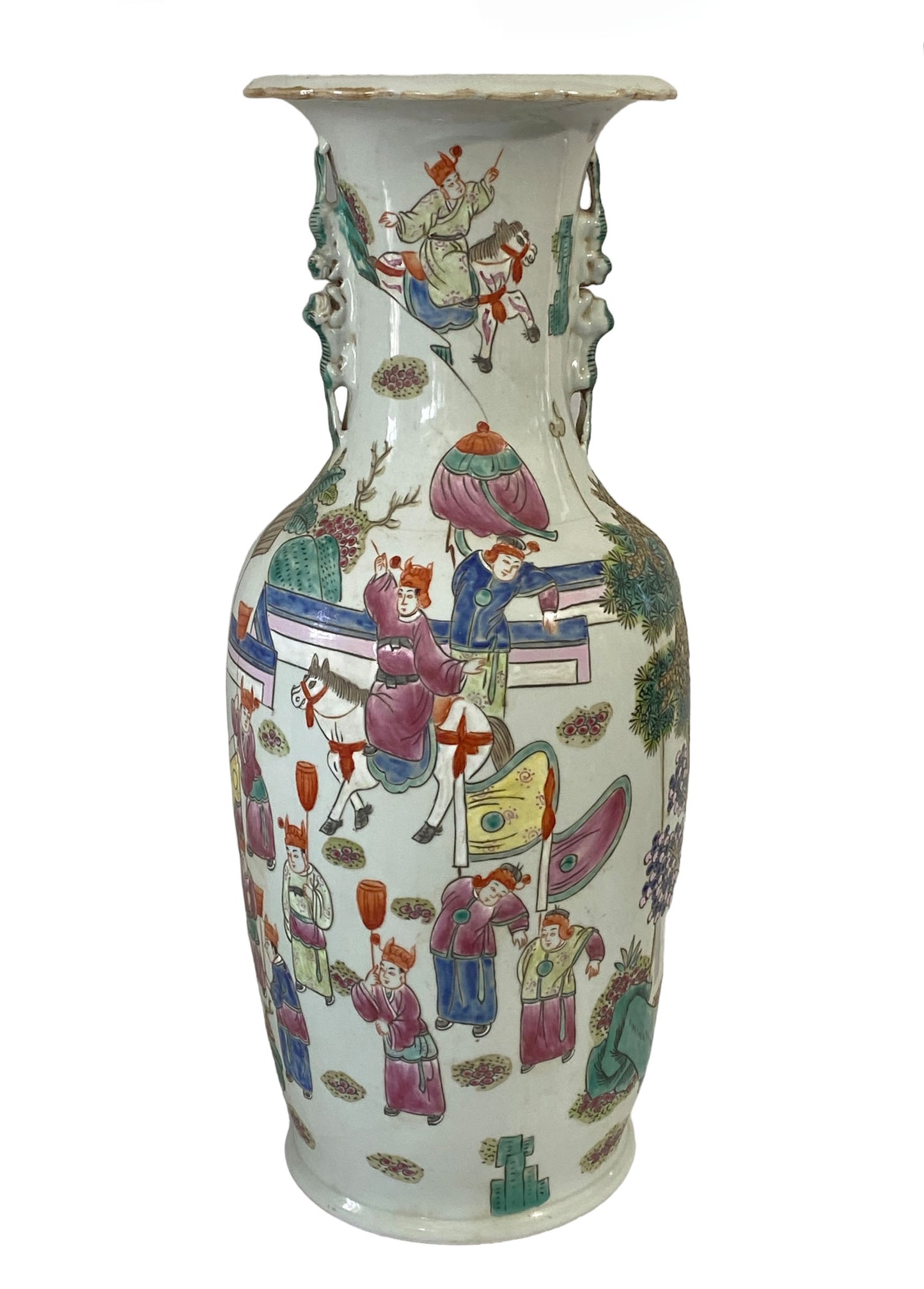 # 262 Superb Chinoiserie Famille Rose Enamel Vase W/Figures 24" H