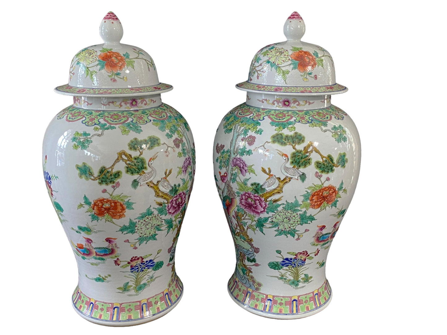 #3201 LG Chinoiserie Famille Rose Porcelain Ginger Jars Pair 24" H