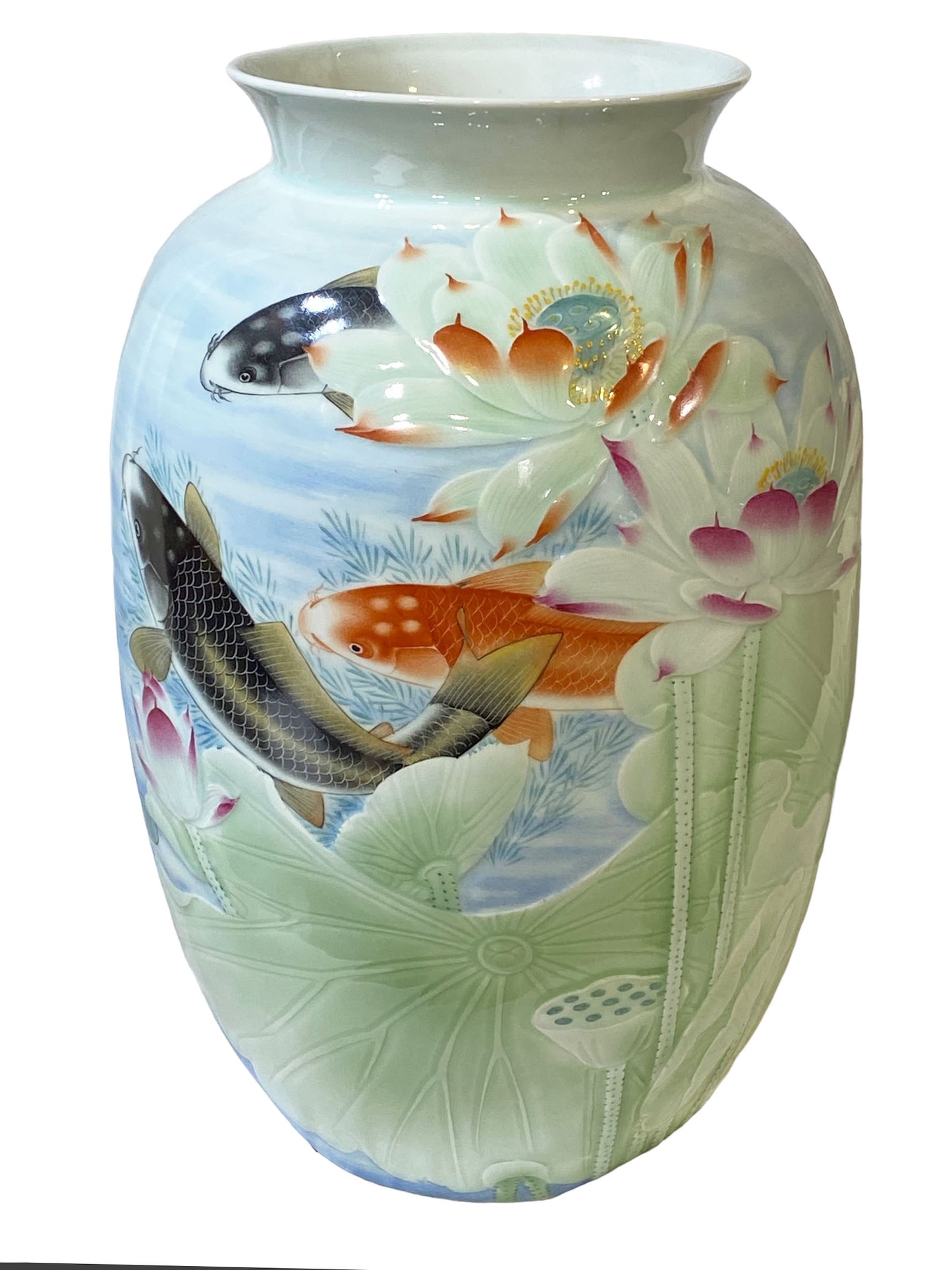 #2354 Superb LG Chinese Porcelain Celadon Vase W/ Carps 17.25" H