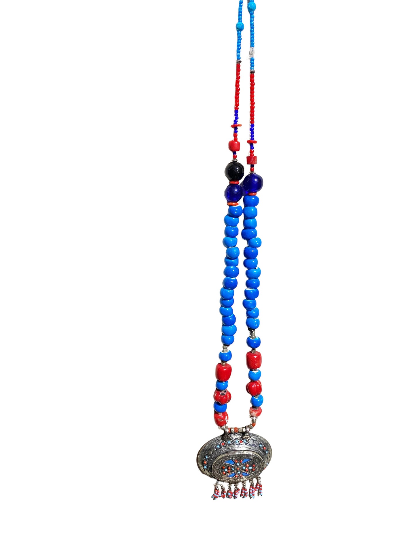 #5839 Middle Eastern Silver Pendant w/Coral & Turquoise 24" H