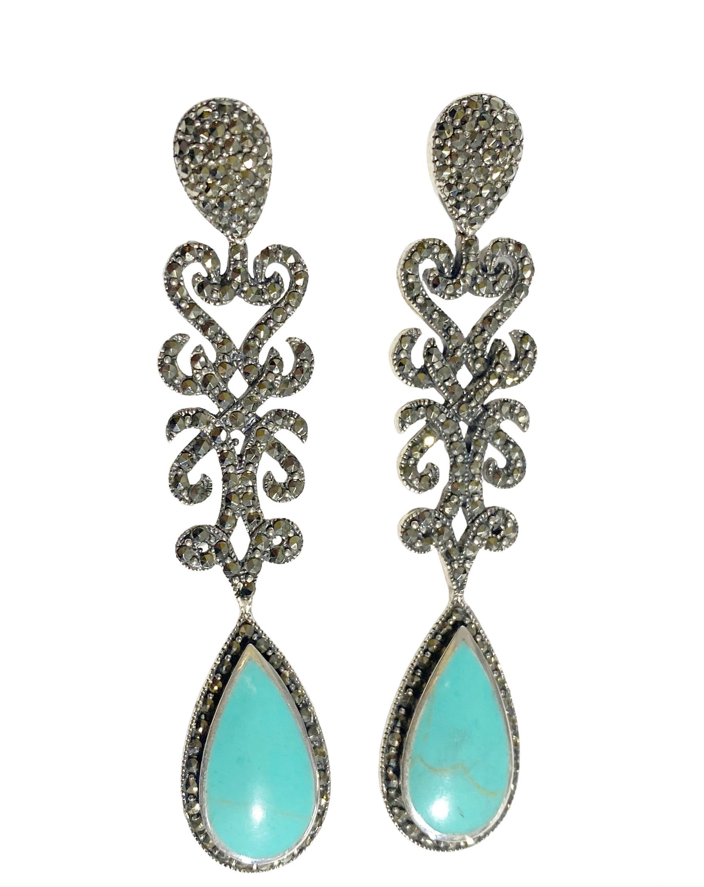 #5852 Sterling Silver And Marcasite Stud Dangle Earrings With Turquoise Stone 2.75" Long