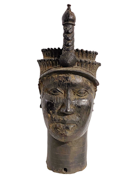 #5406 Superb Vintage Lg Benin Bronze Head of Oba Nigeria African 19" H