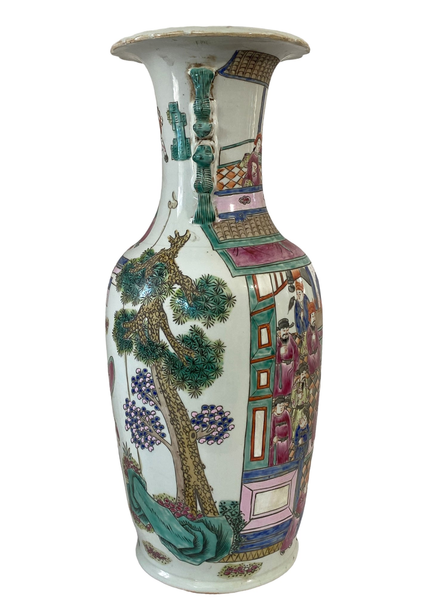 # 262 Superb Chinoiserie Famille Rose Enamel Vase W/Figures 24" H