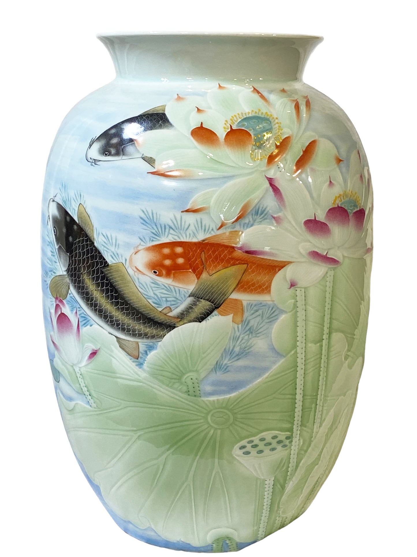 #2354 Superb LG Chinese Porcelain Celadon Vase W/ Carps 17.25" H