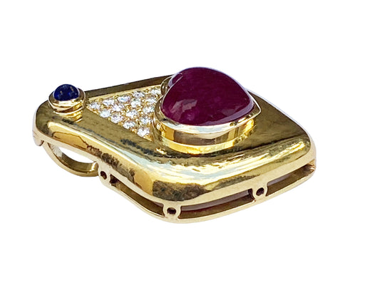 #3970 18K Heart Cut Cabochon Ruby and Diamond Enhancer Pendant