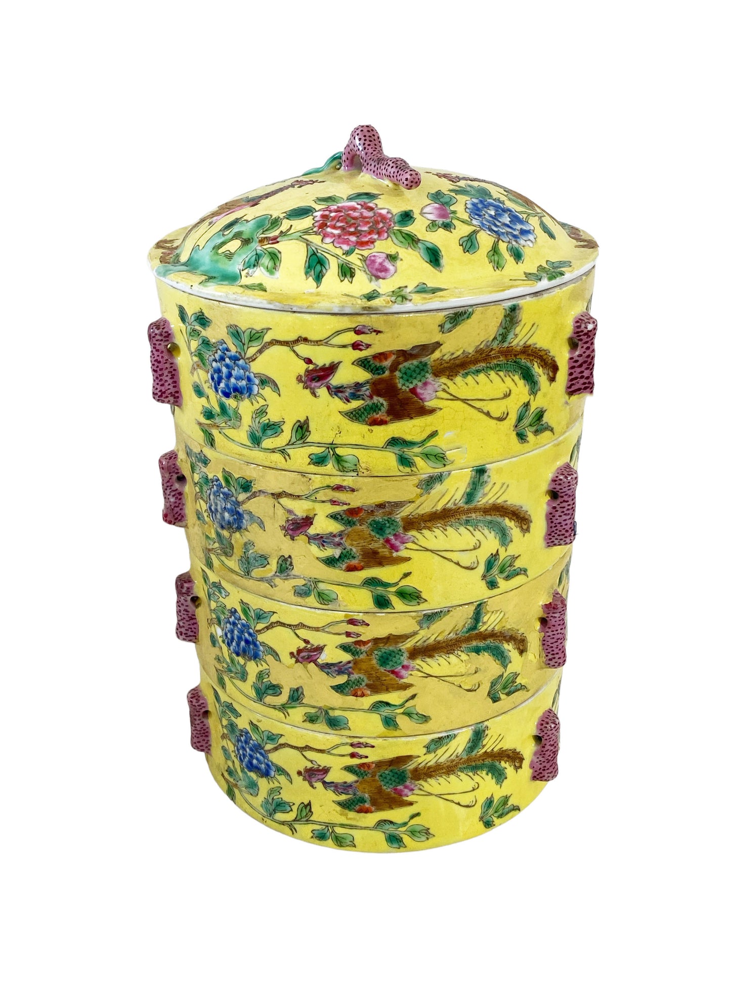 #7113 Old Chinoiserie Famille Jaune Porcelain Food Carrier Box , 5 Pieces 11" H