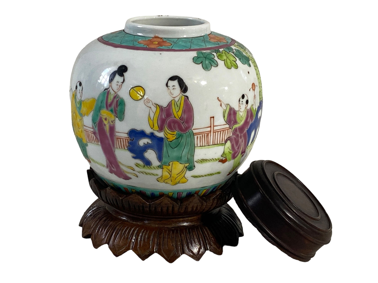 #5633 late 19Th C Chinoiserie Hand Painted Famille Rose Ginger Jar with Wood Lid