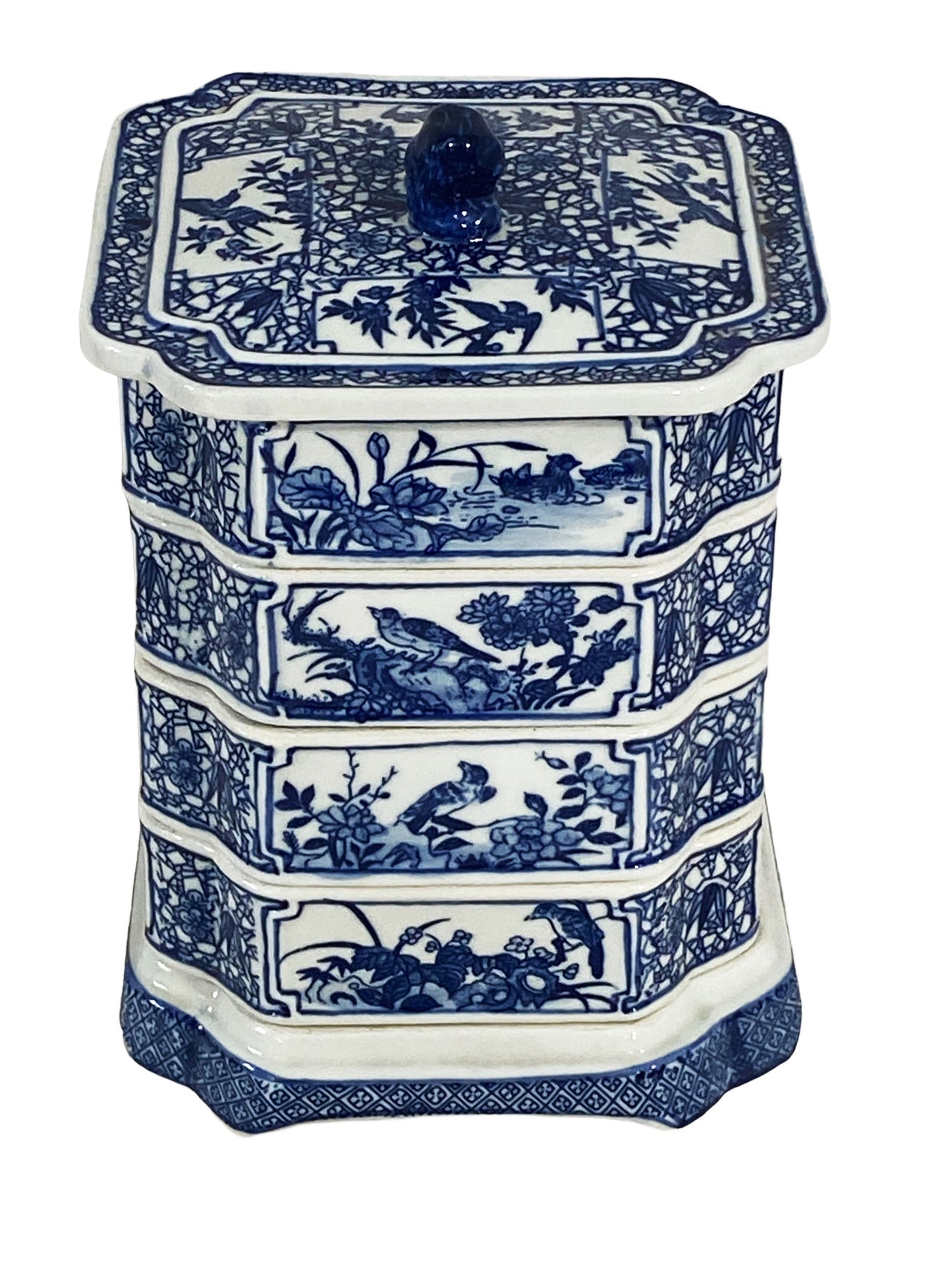 #5692 Chinoiserie Blue and White Set Of Stacking Food Boxes 9" h