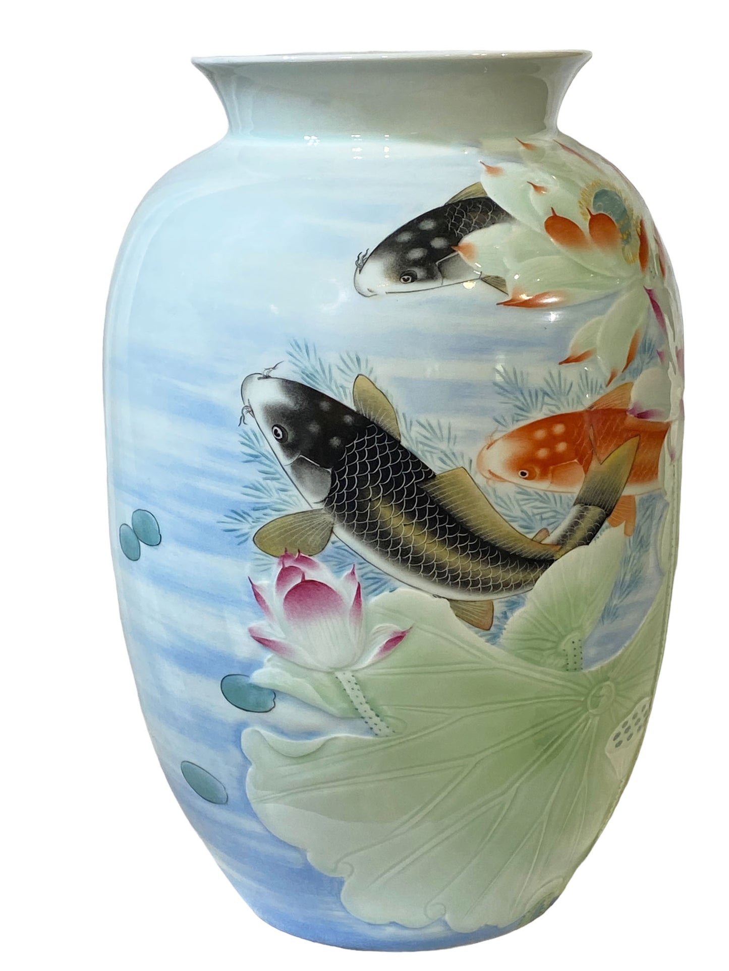 #2354 Superb LG Chinese Porcelain Celadon Vase W/ Carps 17.25" H