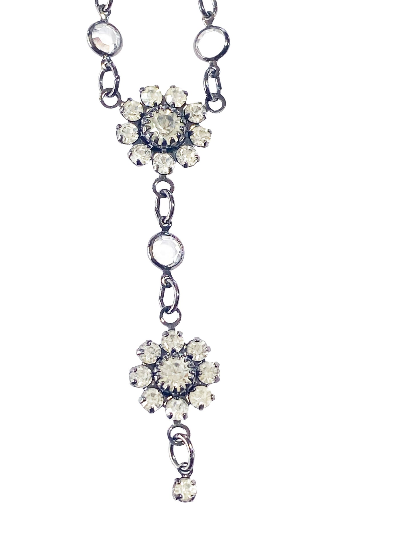 #5889 Vintage Austrian Crystal Choker Necklace USA Gun Metal Floral Dainty Bling