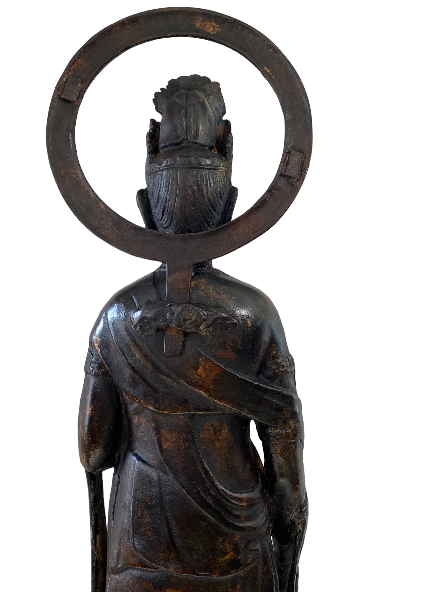 #7013 Lg Vintage Cast iron Standing Touching Buddha 34" H
