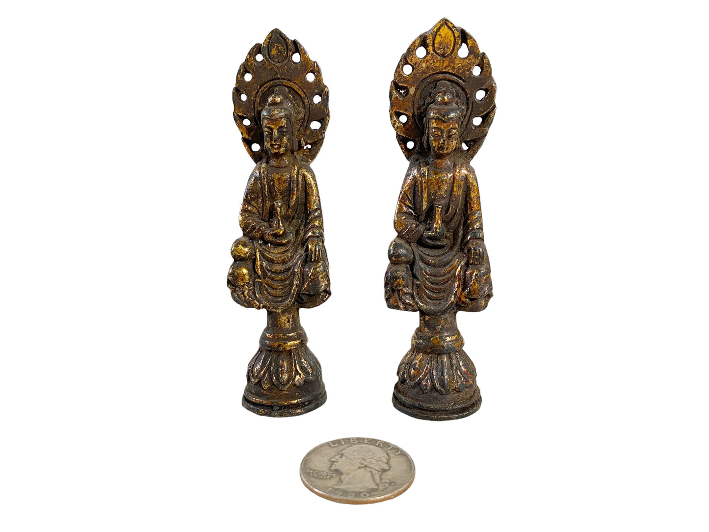 #5629 Chinoiserie Old Bronze Miniature Medicine Buddha set of two 4" H