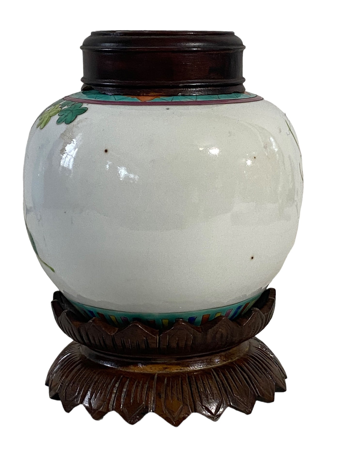 #5633 late 19Th C Chinoiserie Hand Painted Famille Rose Ginger Jar with Wood Lid