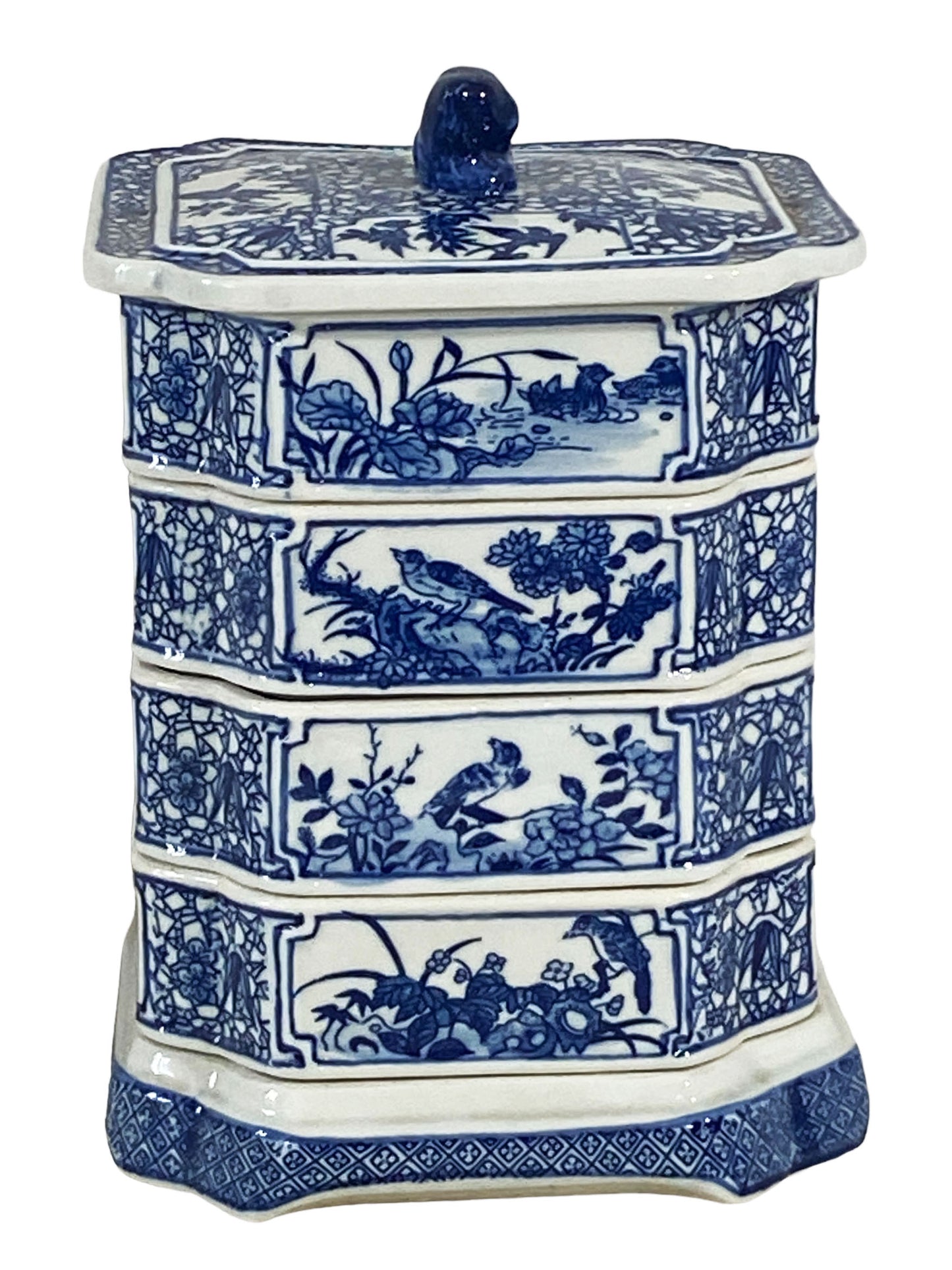 #5692 Chinoiserie Blue and White Set Of Stacking Food Boxes 9" h