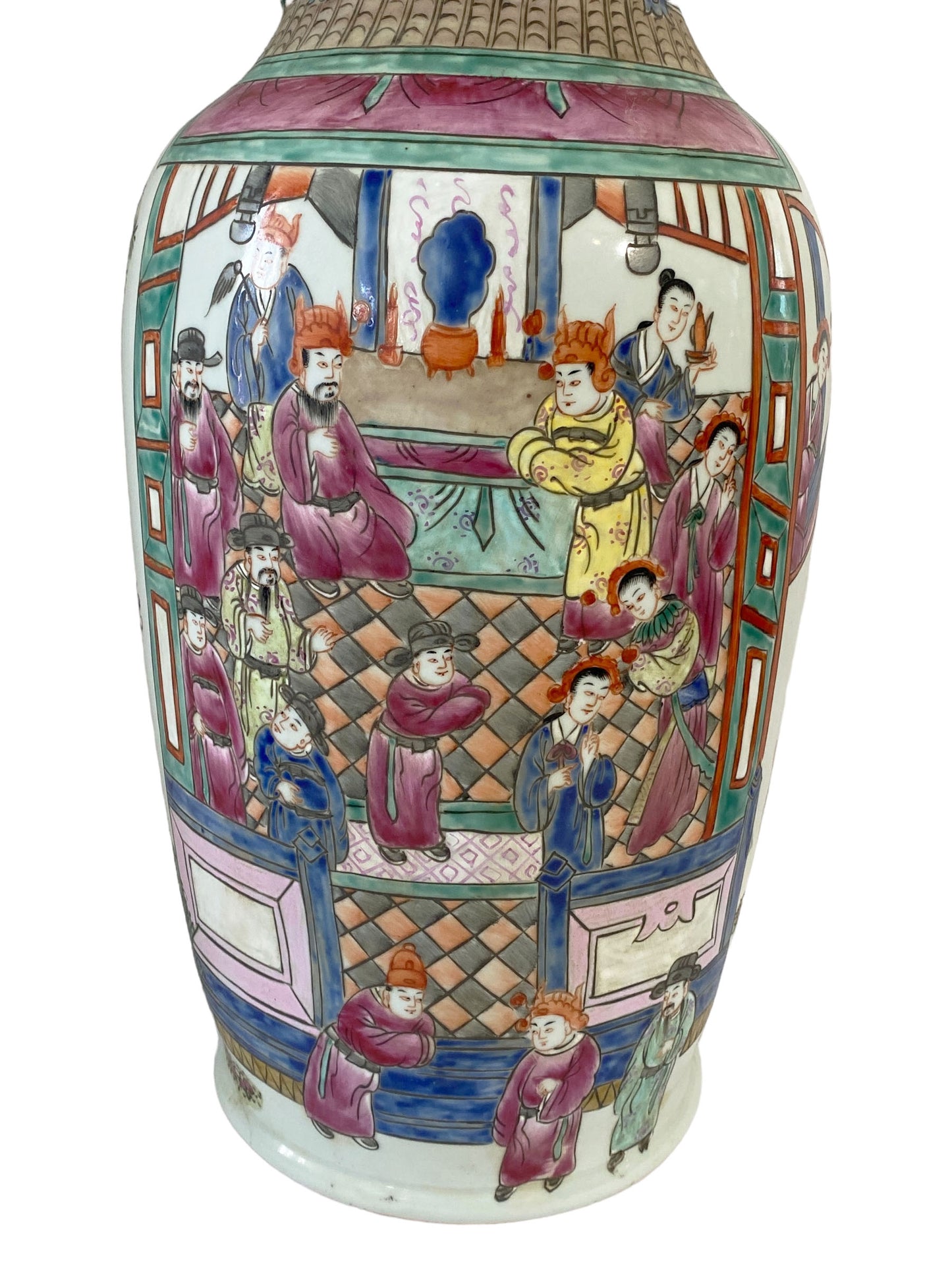 # 262 Superb Chinoiserie Famille Rose Enamel Vase W/Figures 24" H
