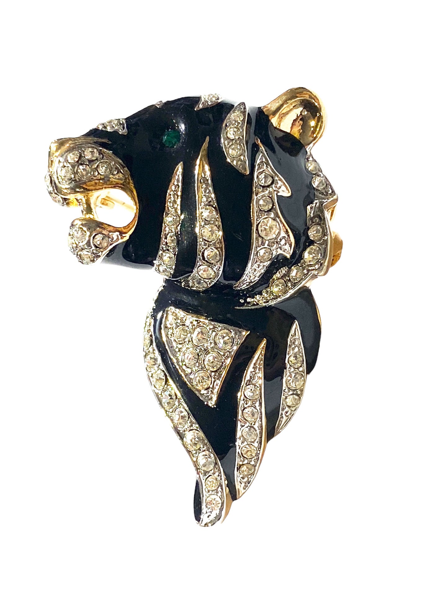 #5858 Vintage Gold Tone Black enamel Clear Rhinestone Zebra Brooch Pin