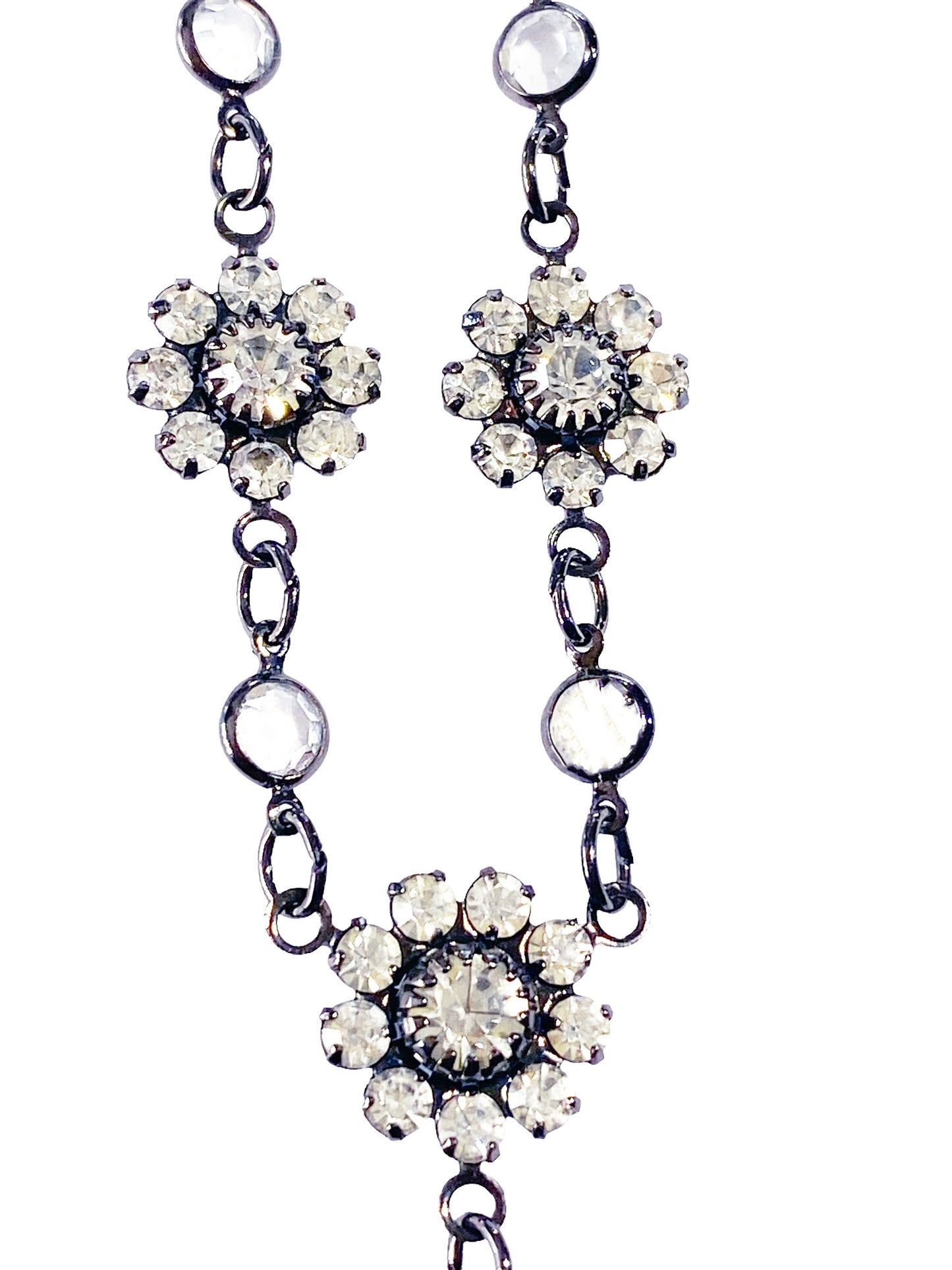 #5889 Vintage Austrian Crystal Choker Necklace USA Gun Metal Floral Dainty Bling
