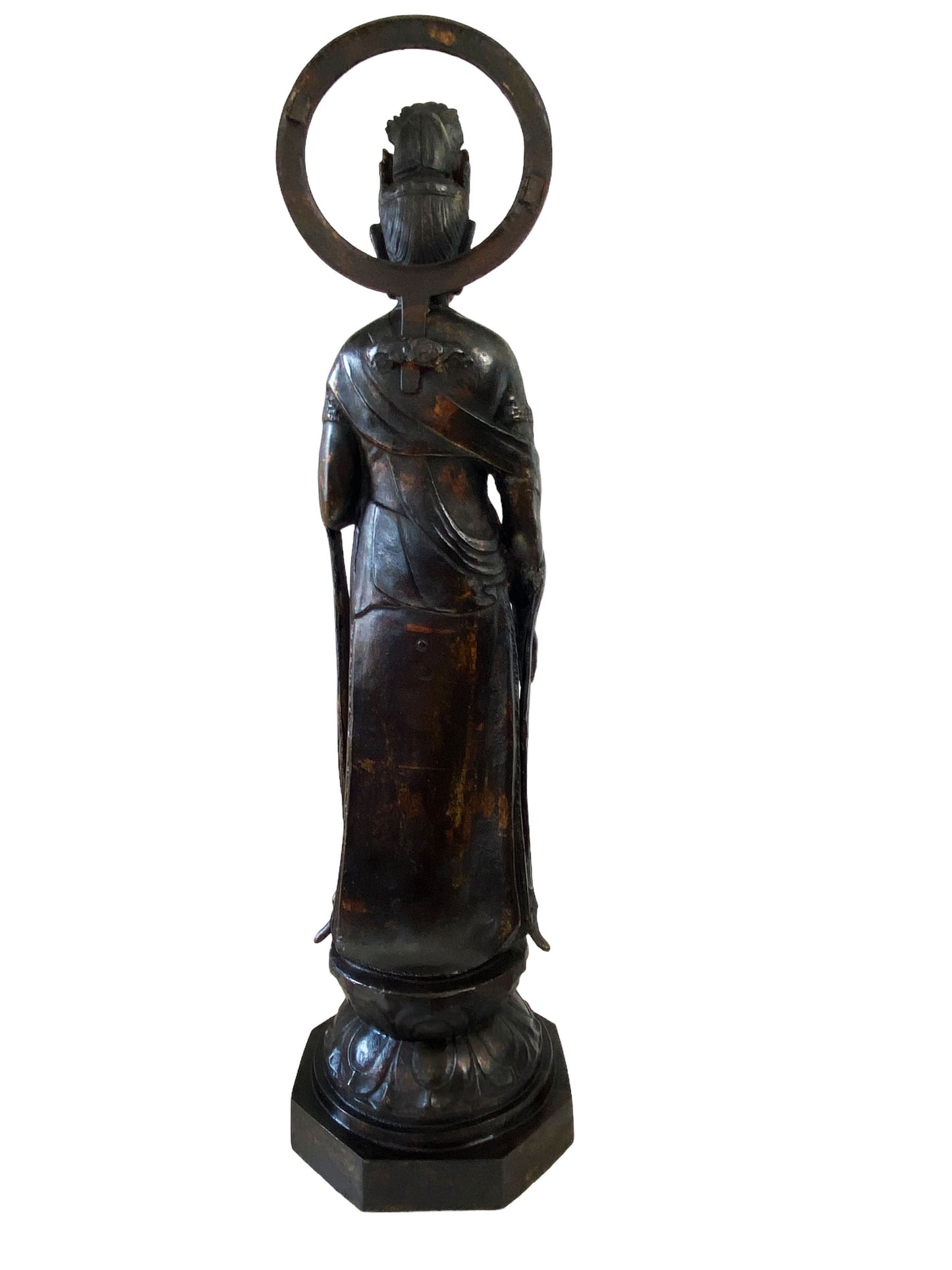 #7013 Lg Vintage Cast iron Standing Touching Buddha 34" H