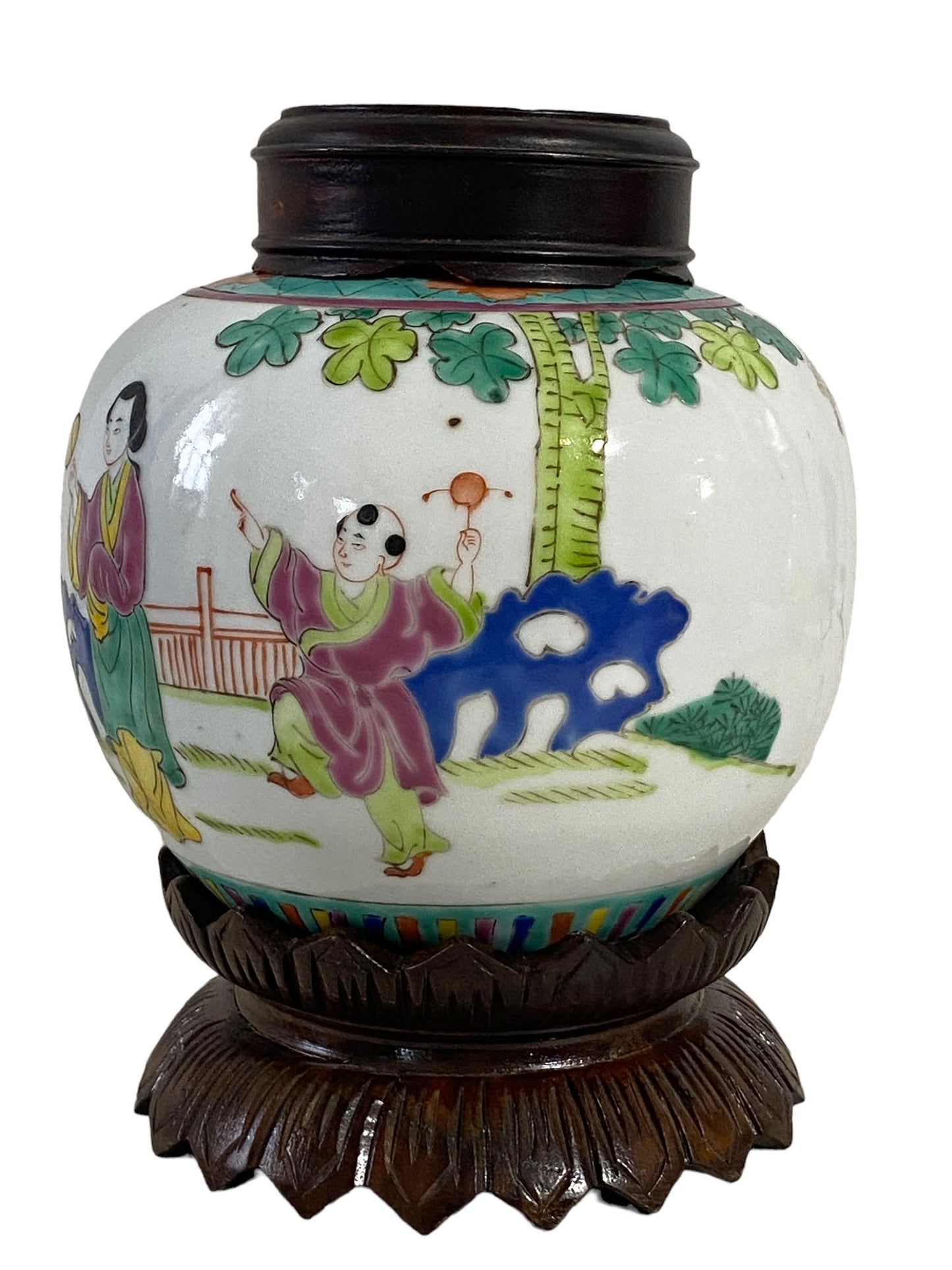 #5633 late 19Th C Chinoiserie Hand Painted Famille Rose Ginger Jar with Wood Lid and Stand