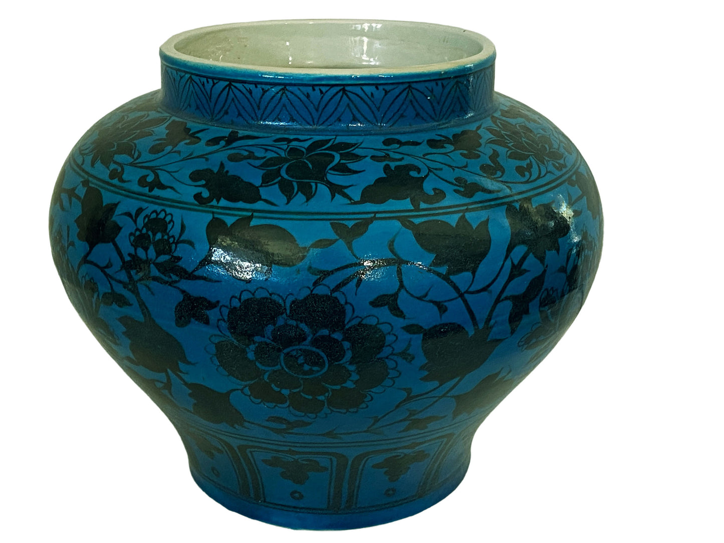 #706 Superb Chinese Yuan Style Vase/Cachepot W/Peonies Flowers 12" H