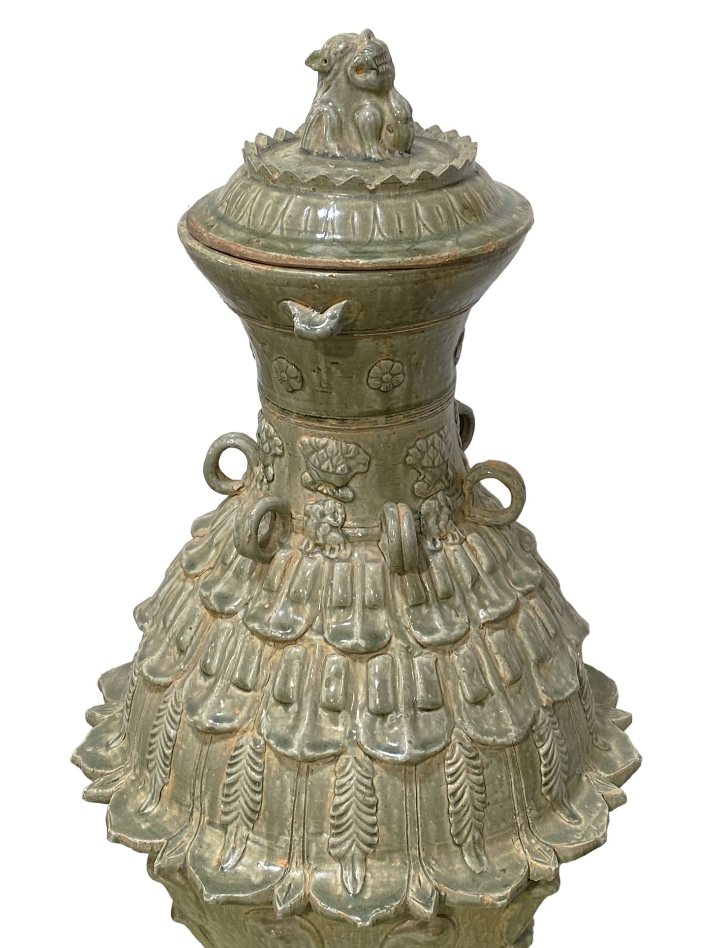 Large Chinoiserie Tang-Style Lotus Celadon Lidded Jar 36"H
