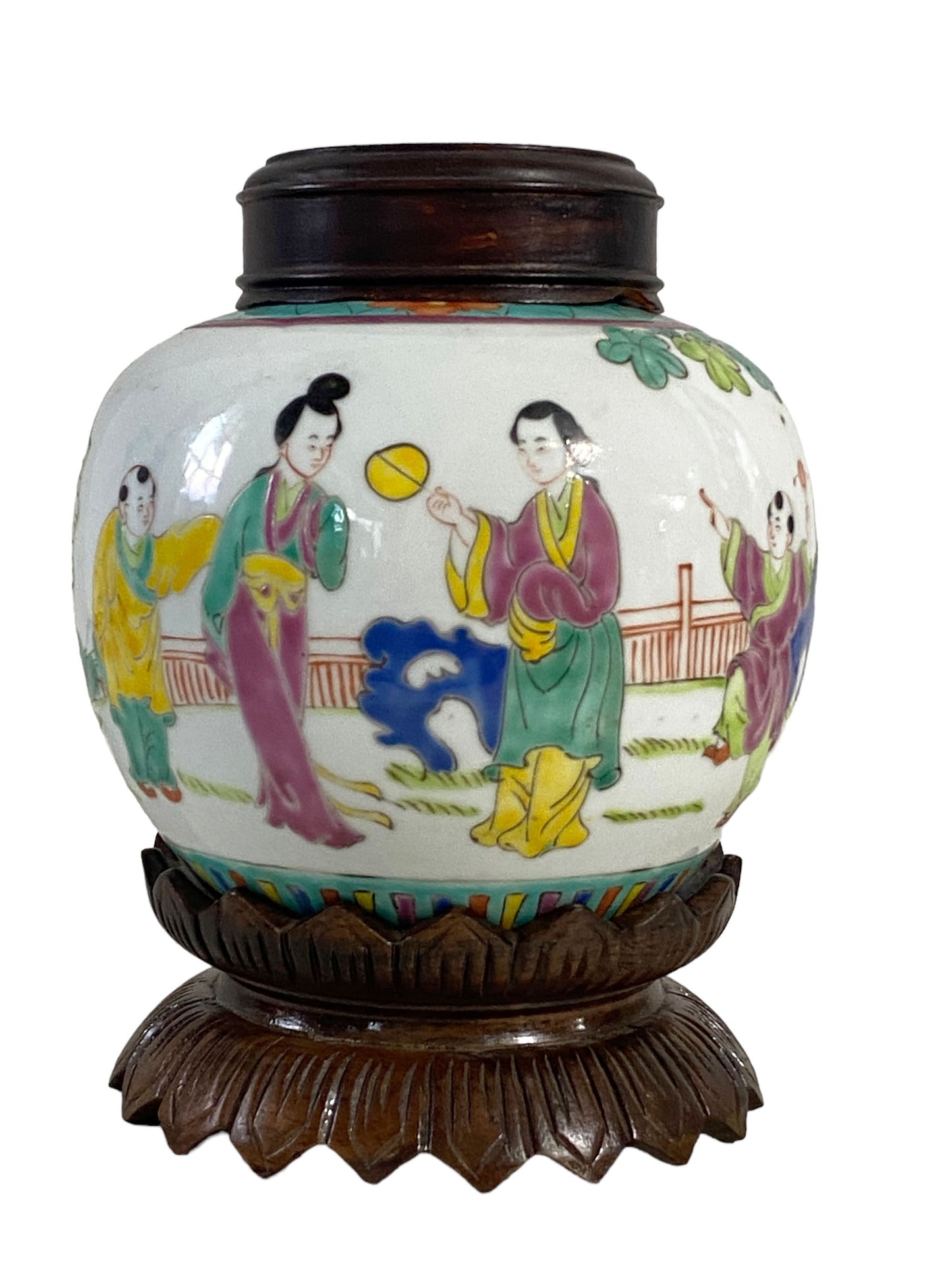 #5633 late 19Th C Chinoiserie Hand Painted Famille Rose Ginger Jar with Wood Lid and Stand