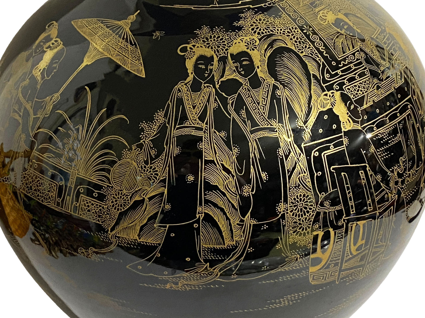 #5753 Large Chinoiserie Onion Shape Famille Noire Vase 19.25" H