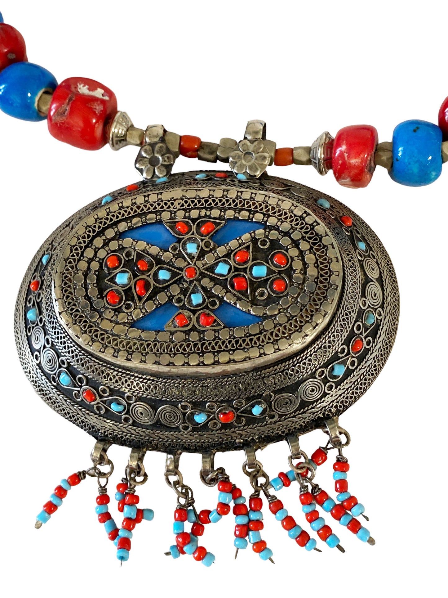 #5839 Middle Eastern Silver Pendant w/Coral & Turquoise 24" H