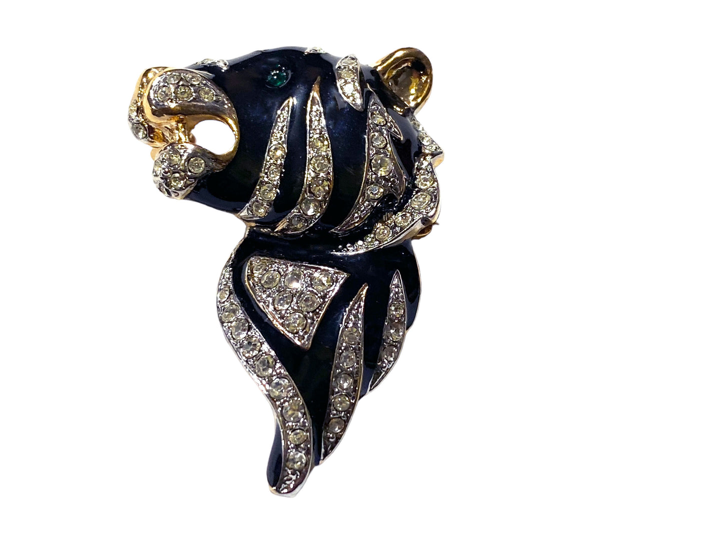 #5858 Vintage Gold Tone Black enamel Clear Rhinestone Zebra Brooch Pin