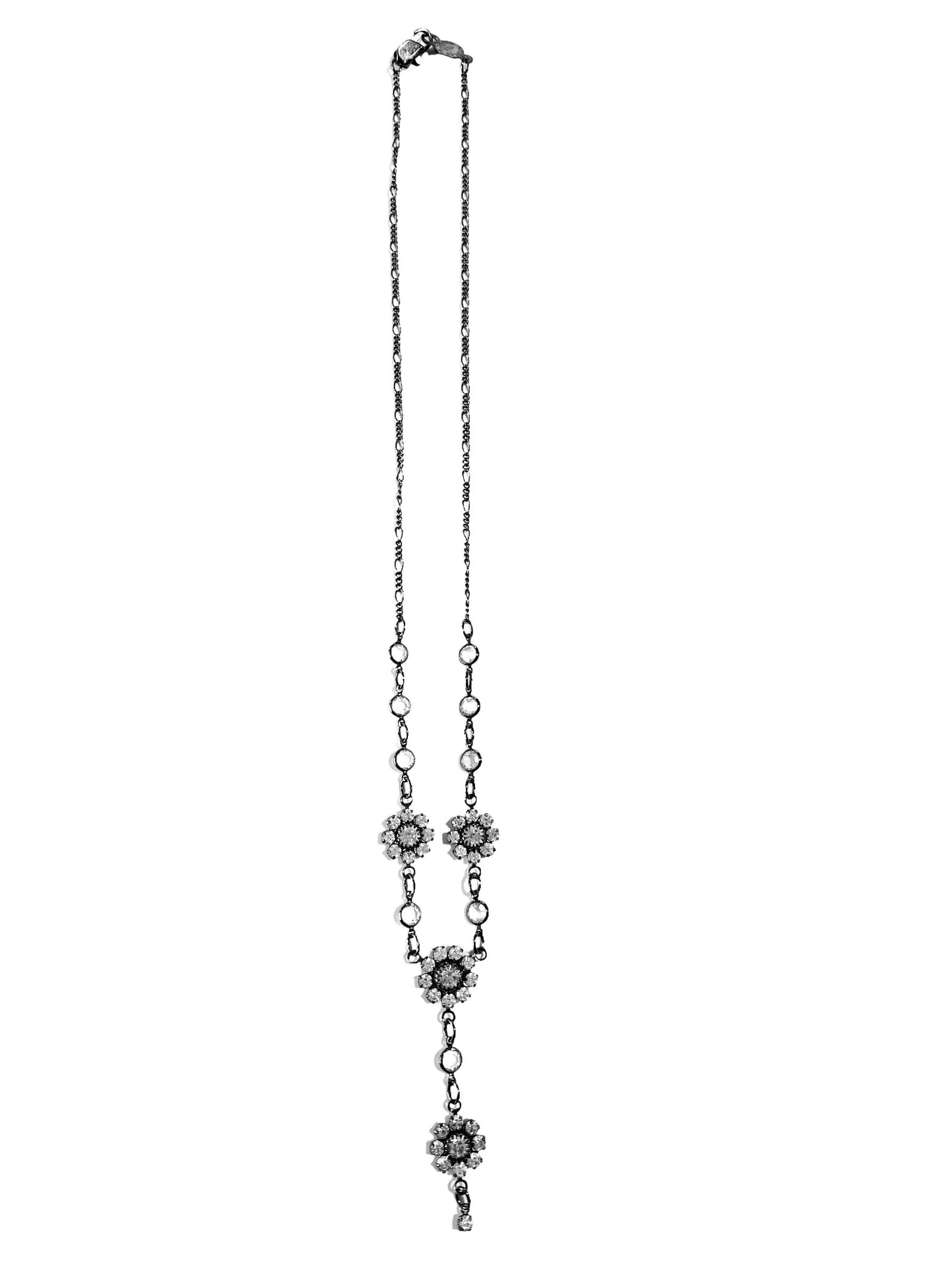 #5889 Vintage Austrian Crystal Choker Necklace USA Gun Metal Floral Dainty Bling