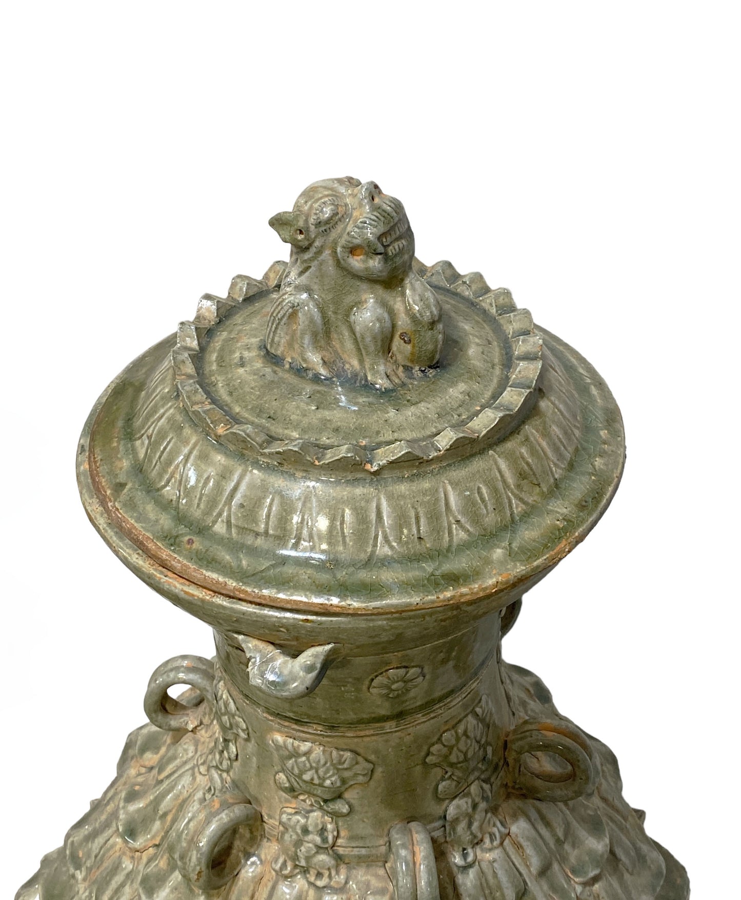 Large Chinoiserie Tang-Style Lotus Celadon Lidded Jar 36"H