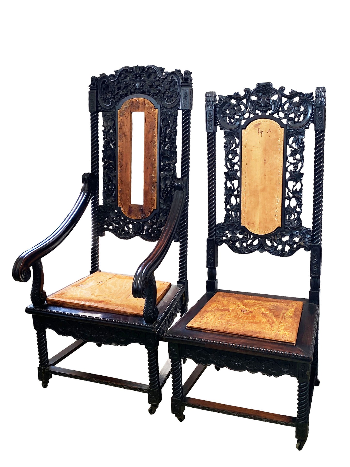 #7058/59 Sino-British Victorian Jacobean Revival Carved ornate Throne Pair of Chairs