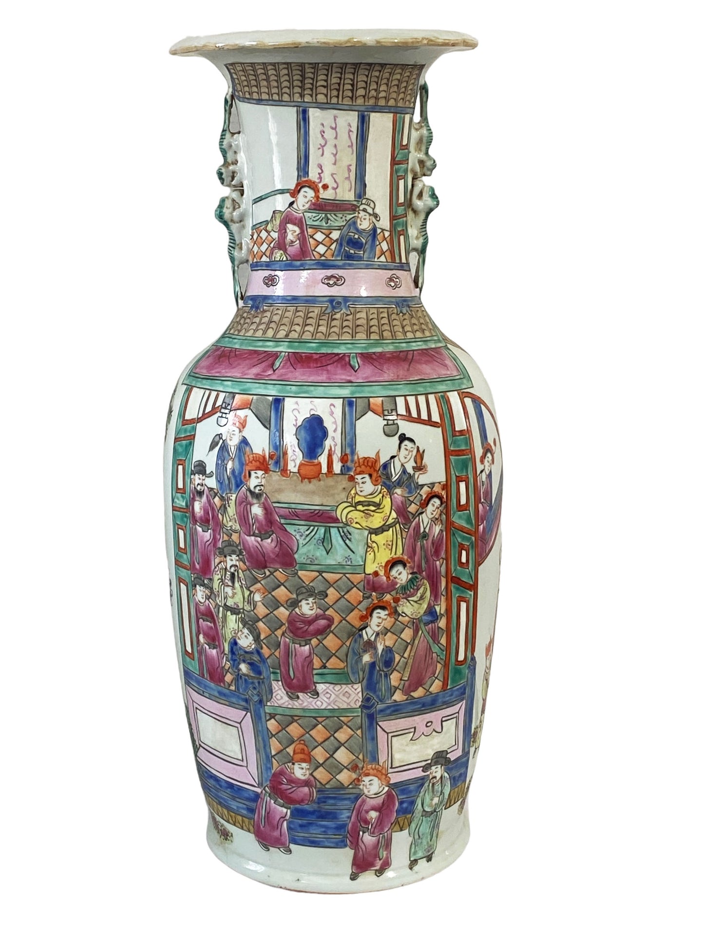 # 262 Superb Chinoiserie Famille Rose Enamel Vase W/Figures 24" H