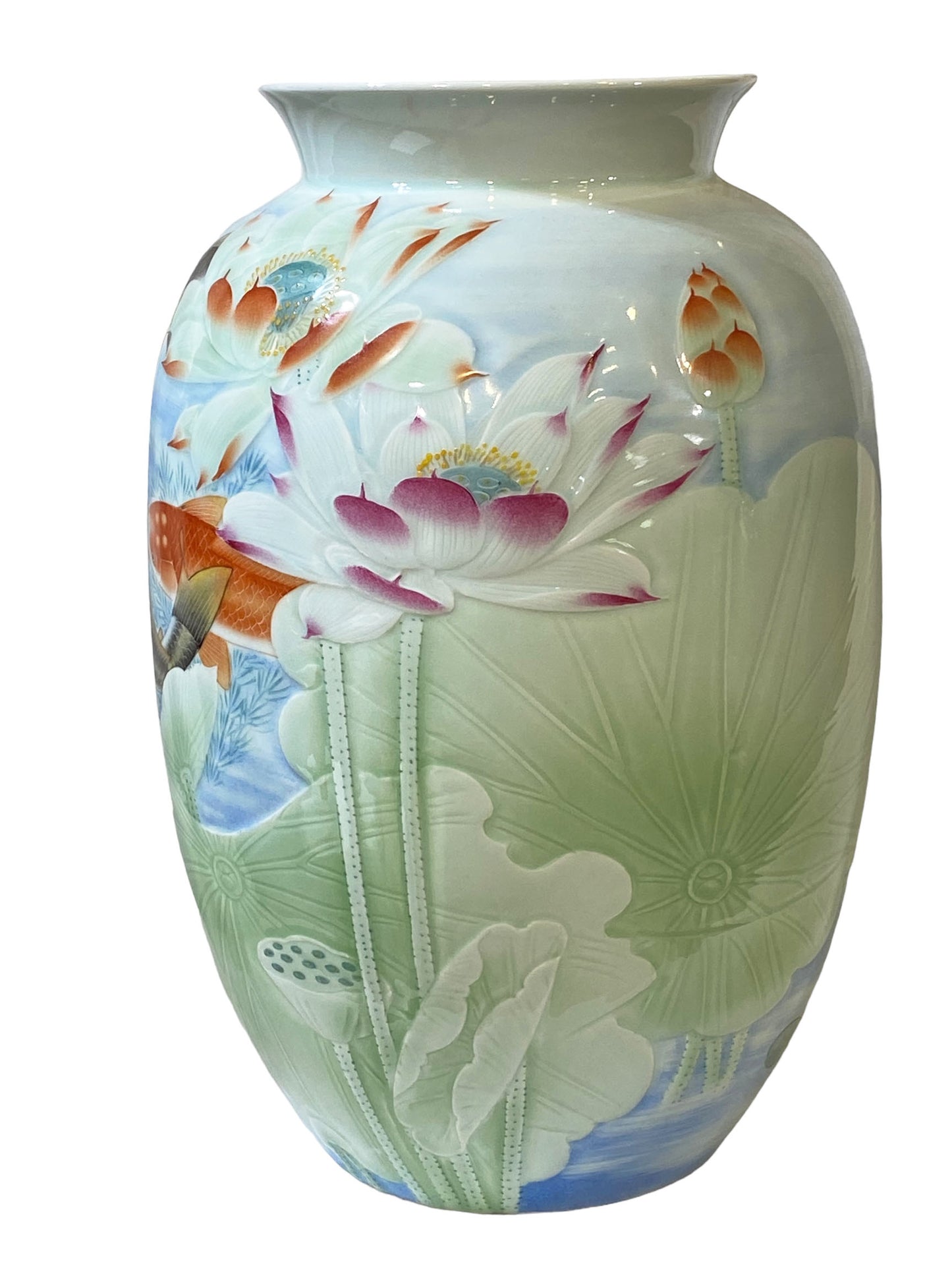 #2354 Superb LG Chinese Porcelain Celadon Vase W/ Carps 17.25" H