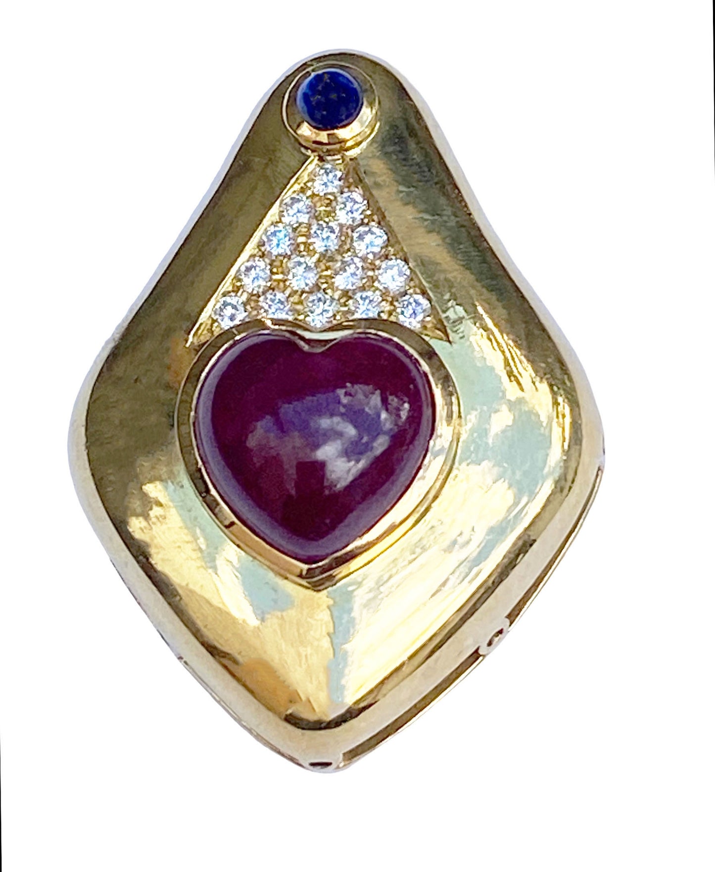 #3970 18K Heart Cut Cabochon Ruby and Diamond Enhancer Pendant