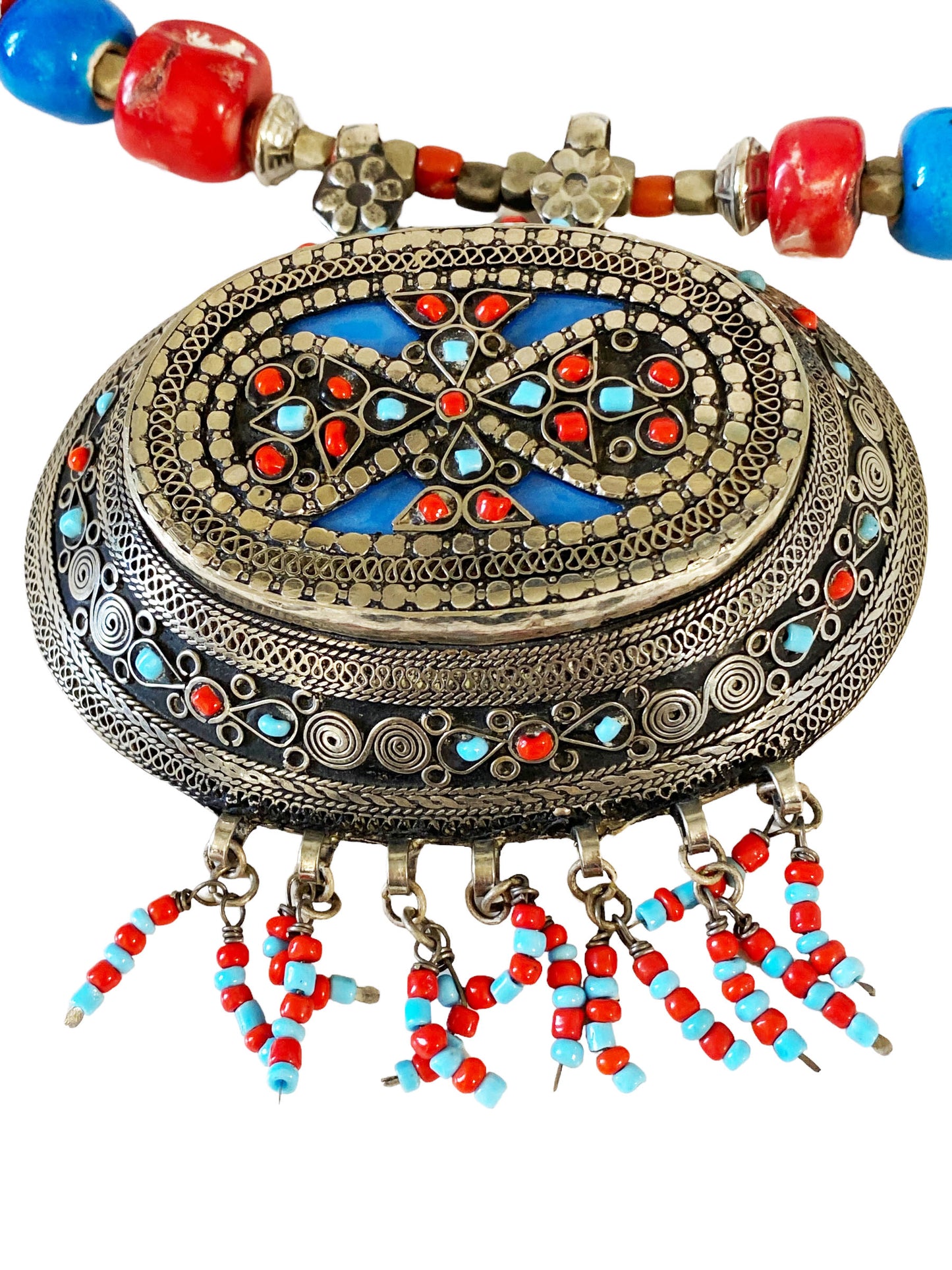 #5839 Middle Eastern Silver Pendant w/Coral & Turquoise 24" H