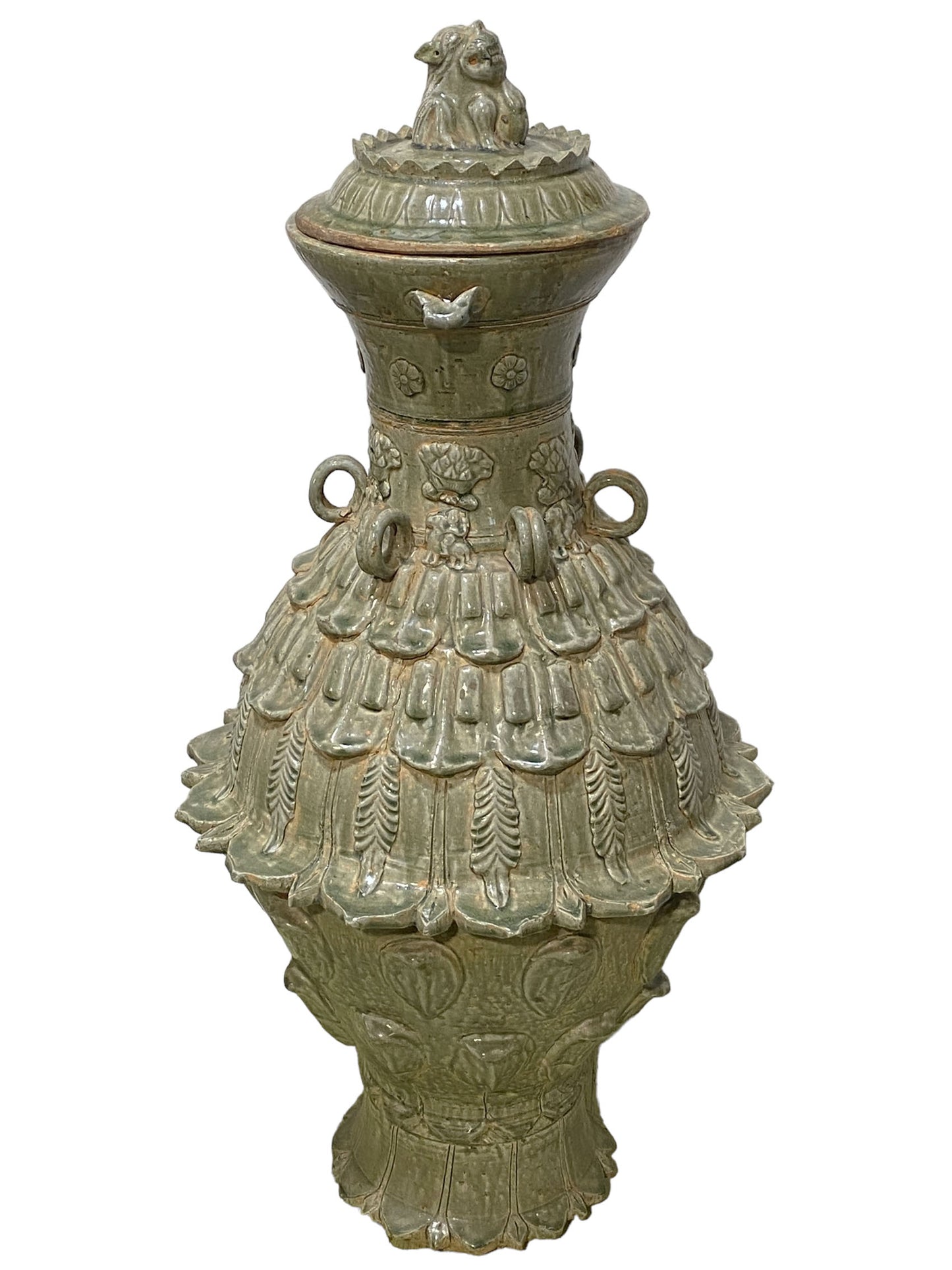 Large Chinoiserie Tang-Style Lotus Celadon Lidded Jar 36"H