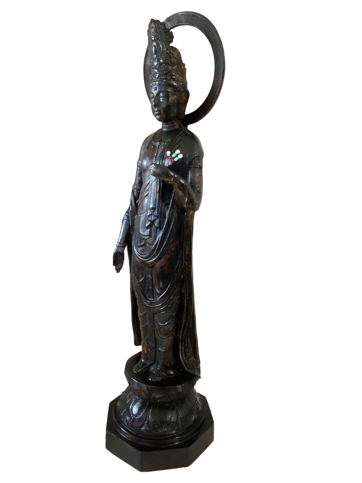 #7013 Lg Vintage Cast iron Standing Touching Buddha 34" H