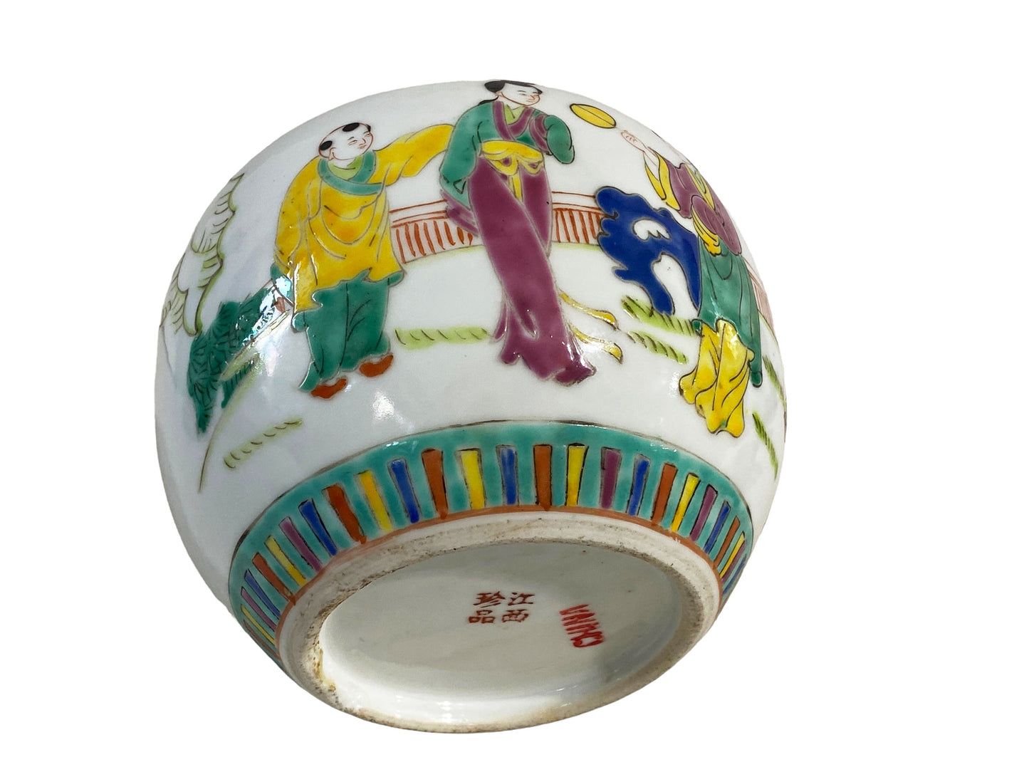 #5633 late 19Th C Chinoiserie Hand Painted Famille Rose Ginger Jar with Wood Lid