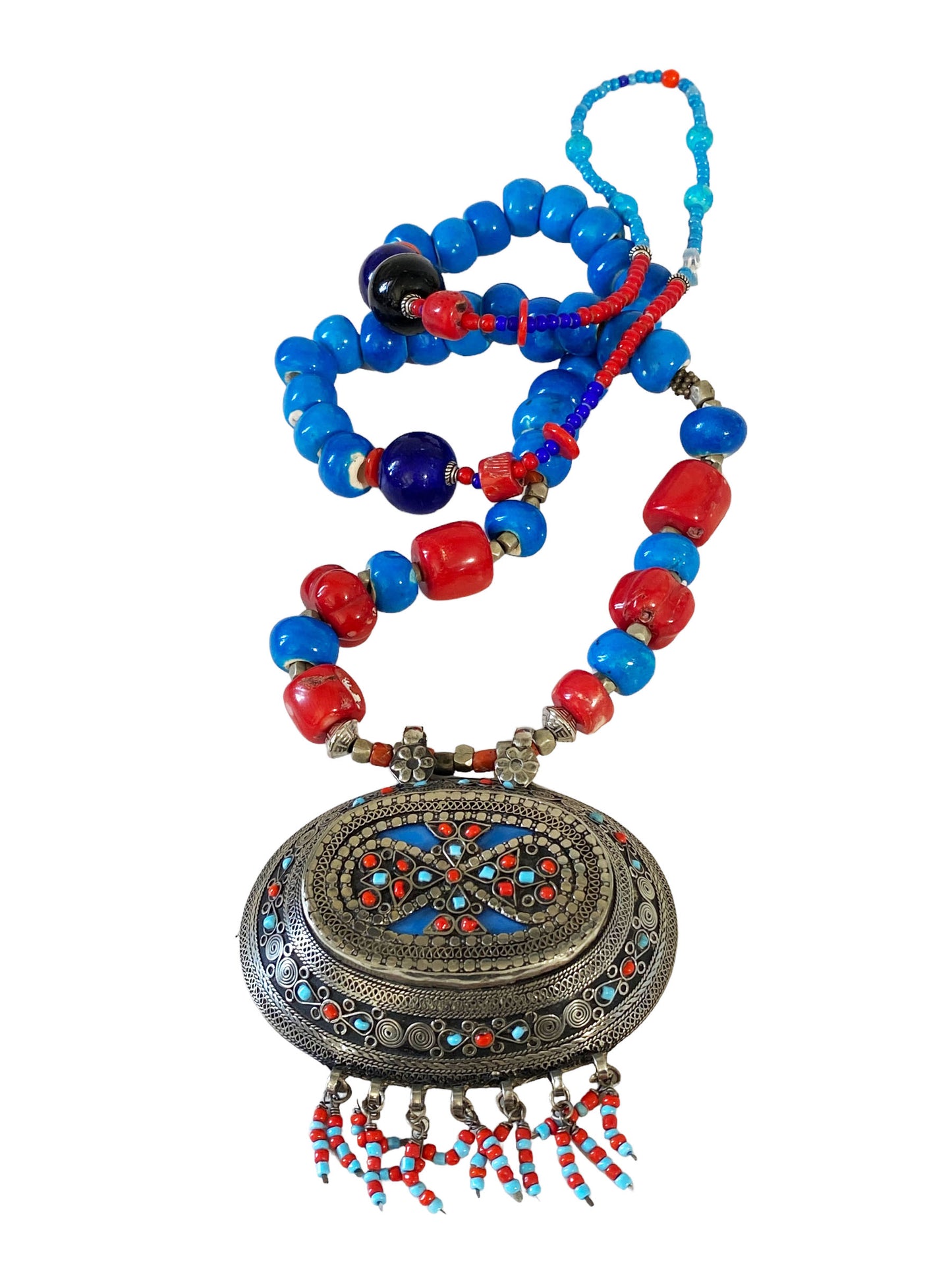#5839 Middle Eastern Silver Pendant w/Coral & Turquoise 24" H