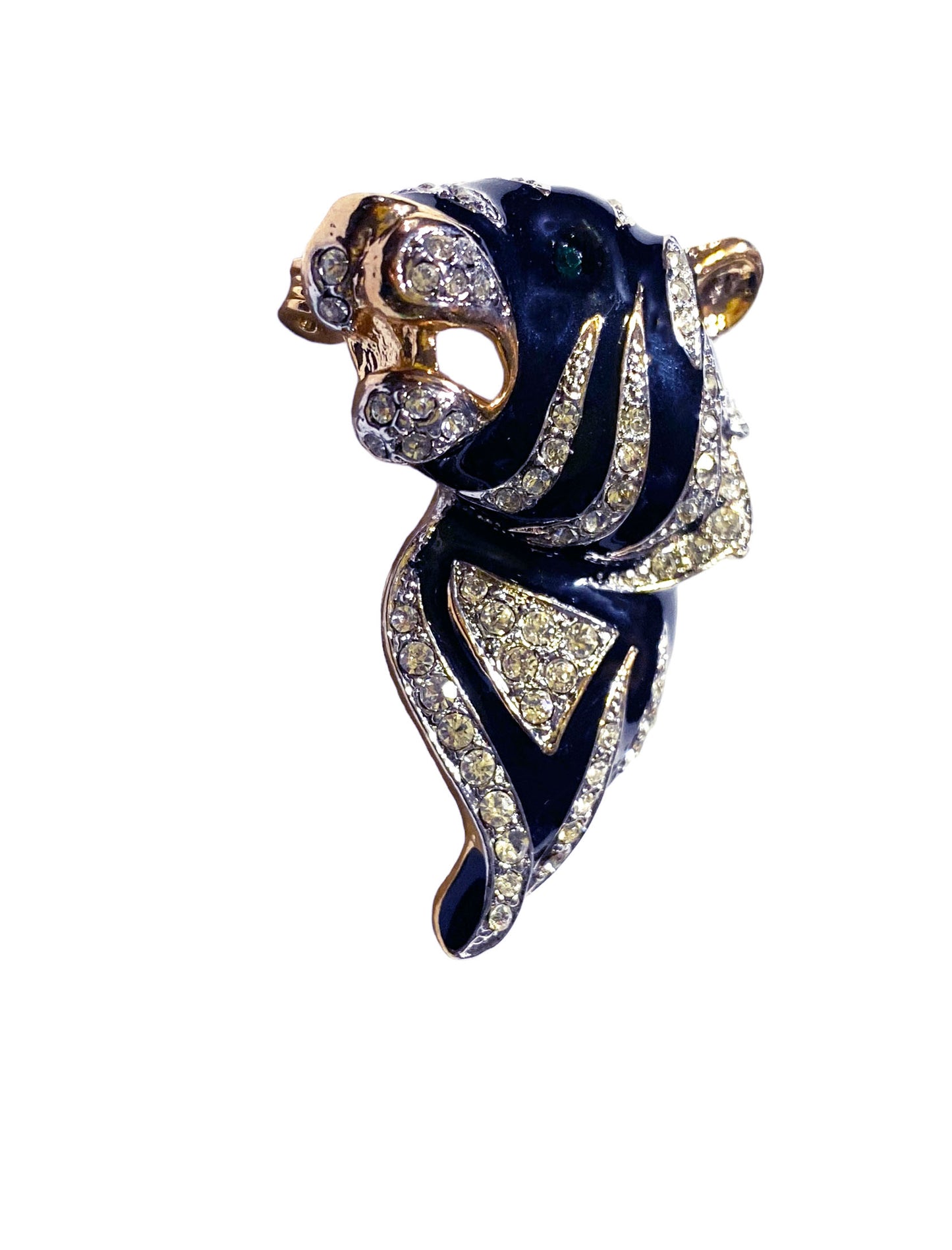 #5858 Vintage Gold Tone Black enamel Clear Rhinestone Zebra Brooch Pin