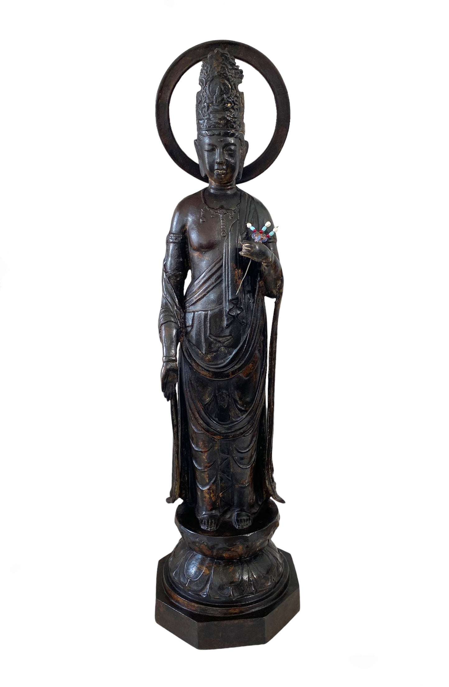 #7013 Lg Vintage Cast iron Standing Touching Buddha 34" H