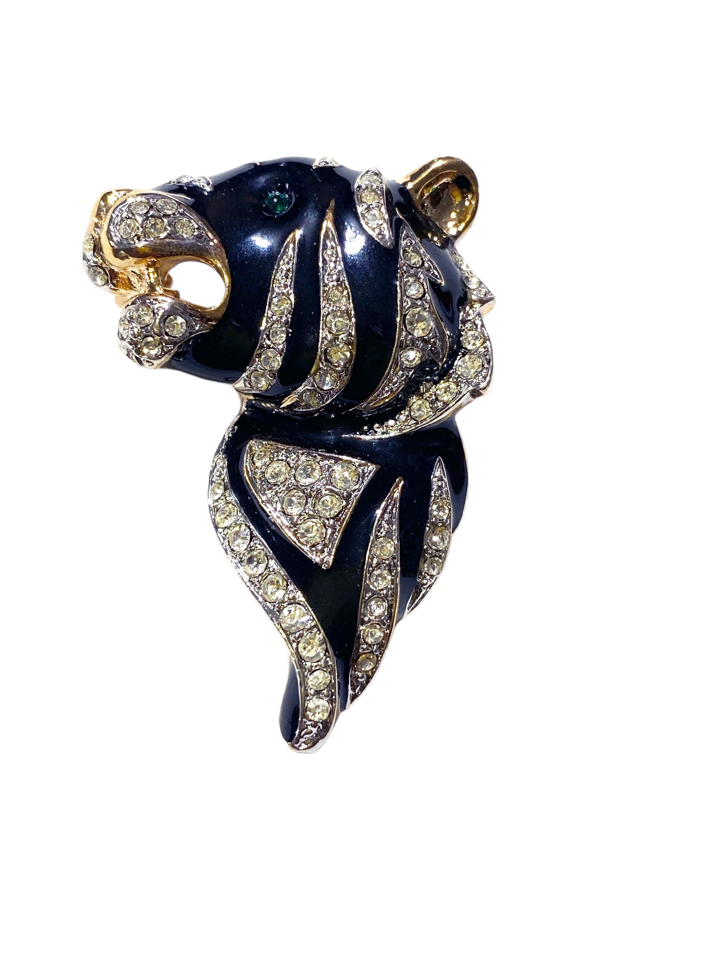 #5858 Vintage Gold Tone Black enamel Clear Rhinestone Zebra Brooch Pin