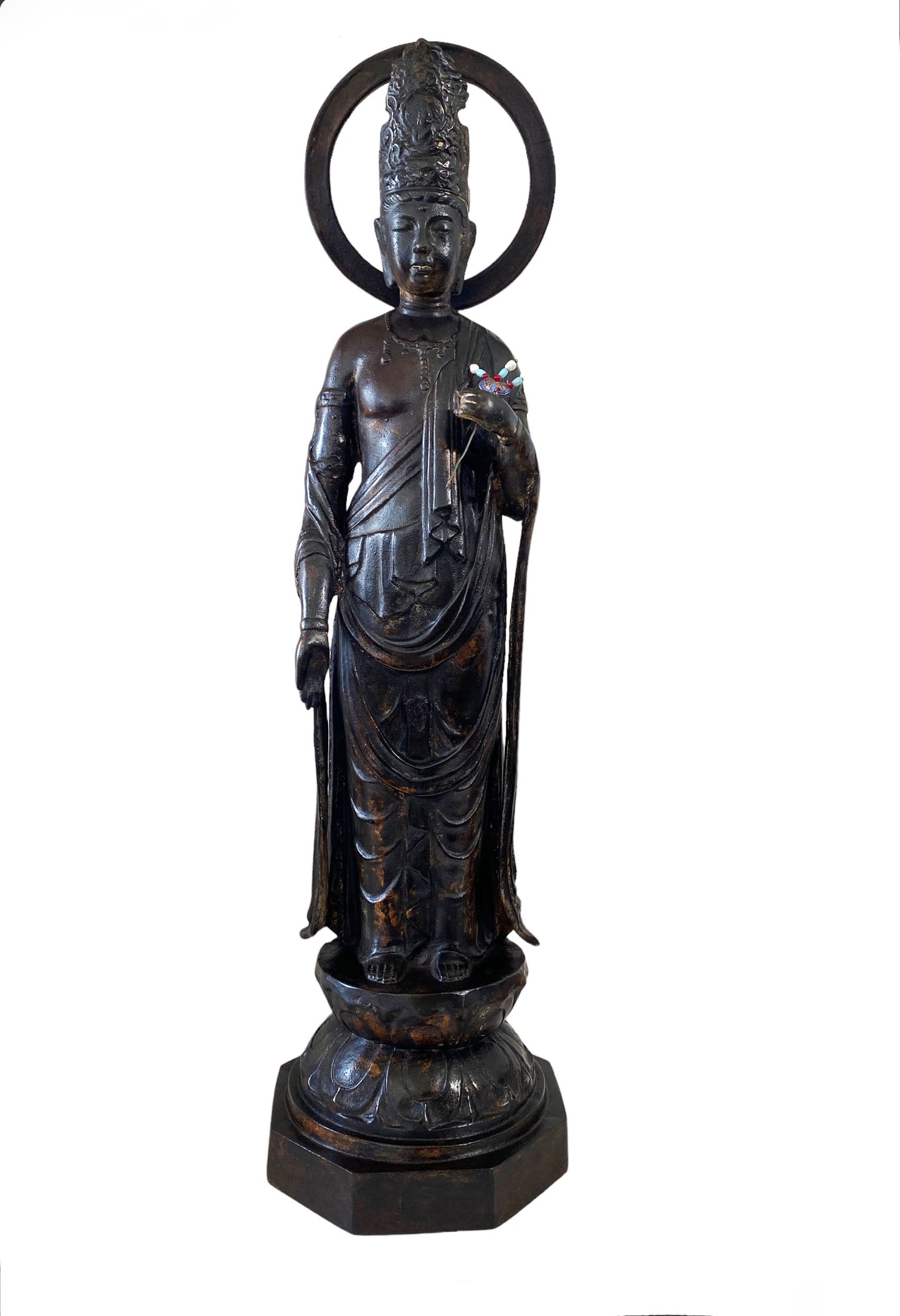 #7013 Lg Vintage Cast iron Standing Touching Buddha 34" H