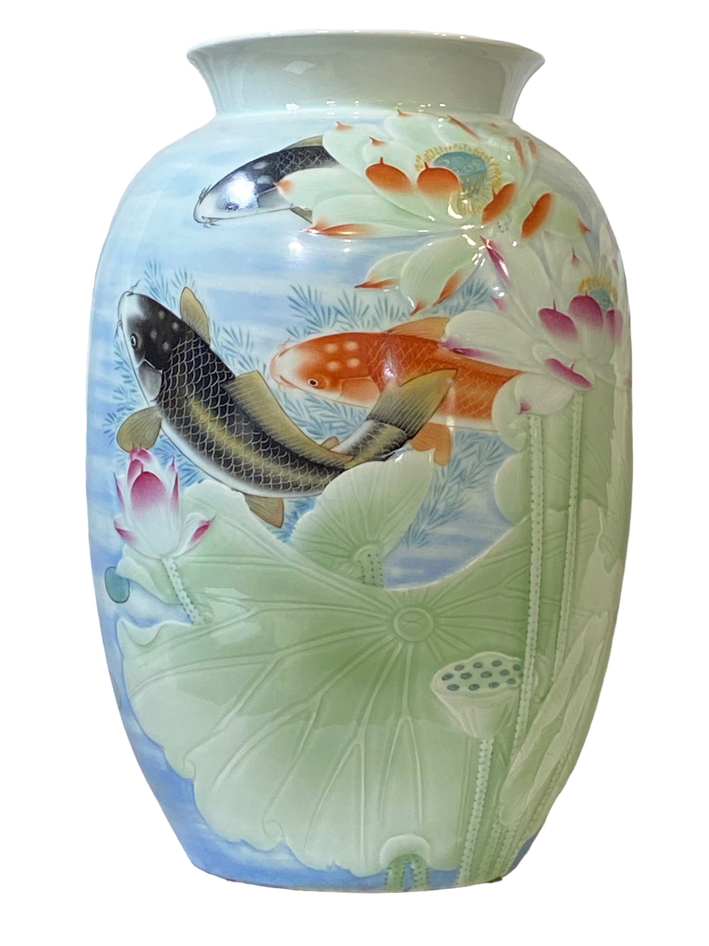 #2354 Superb LG Chinese Porcelain Celadon Vase W/ Carps 17.25" H