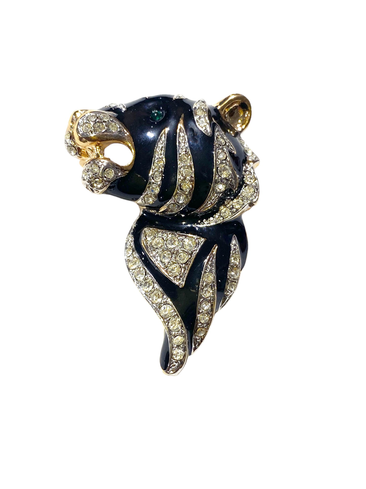 #5858 Vintage Gold Tone Black enamel Clear Rhinestone Zebra Brooch Pin